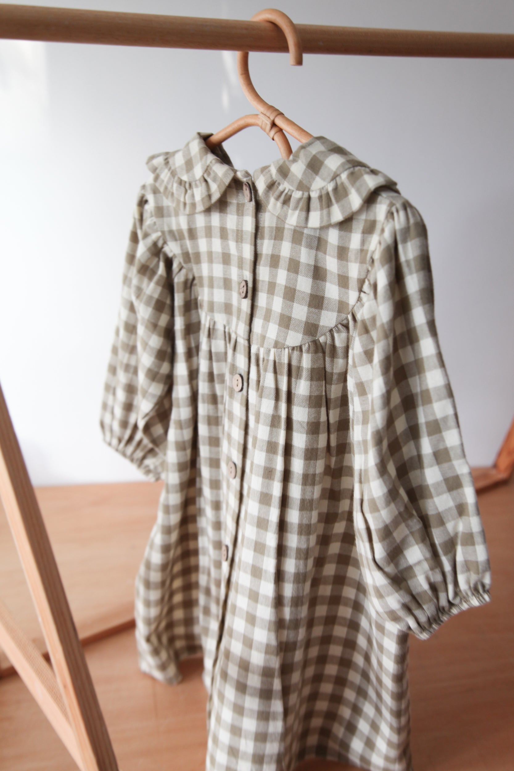 WHOLESALE Sage Green/Check Frill Collar Smock Dress