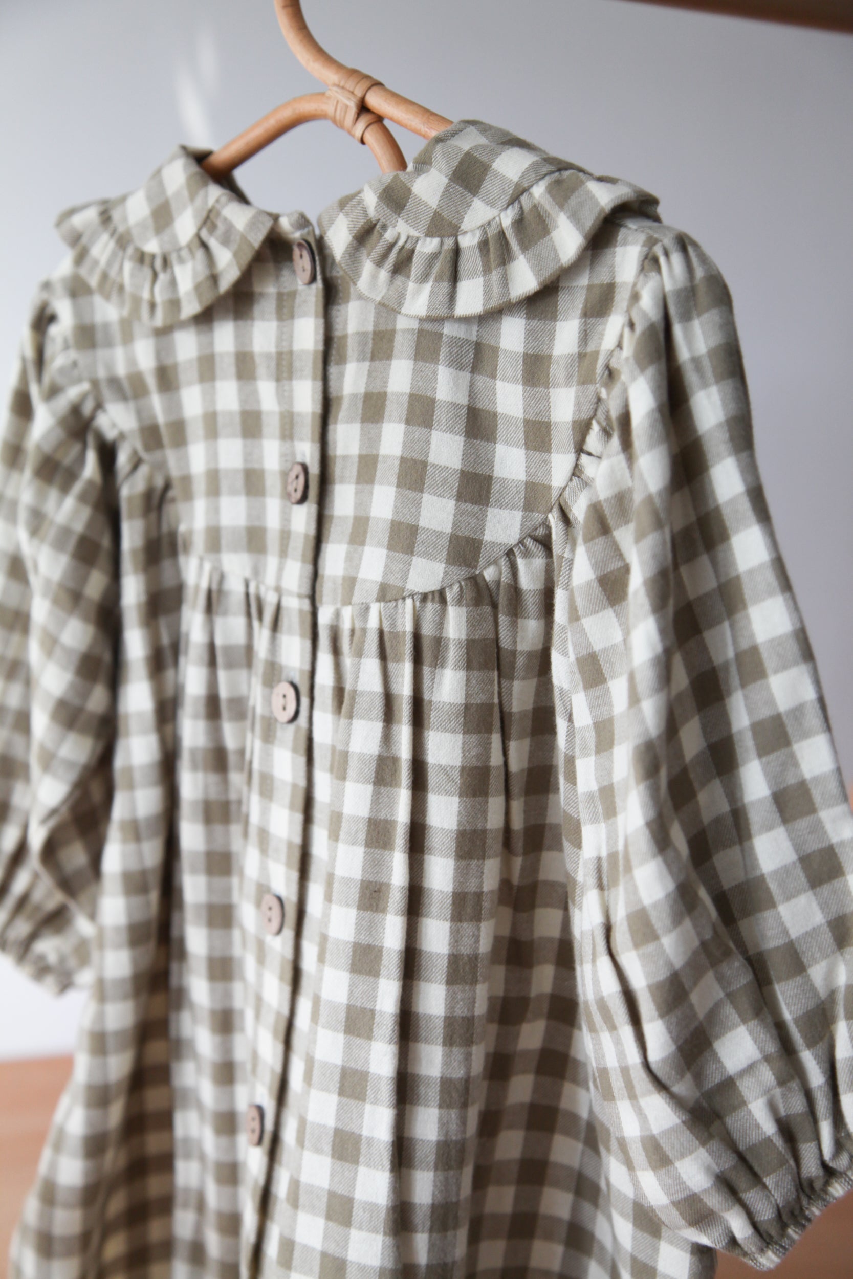 WHOLESALE Sage Green/Check Frill Collar Smock Dress