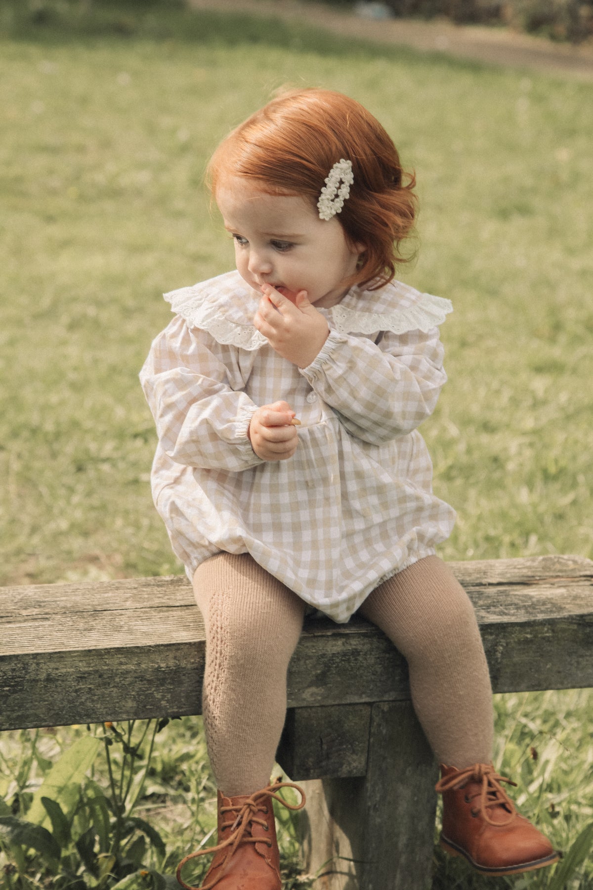 Light Cotton Beige/Check Broderie Frill Collar Romper