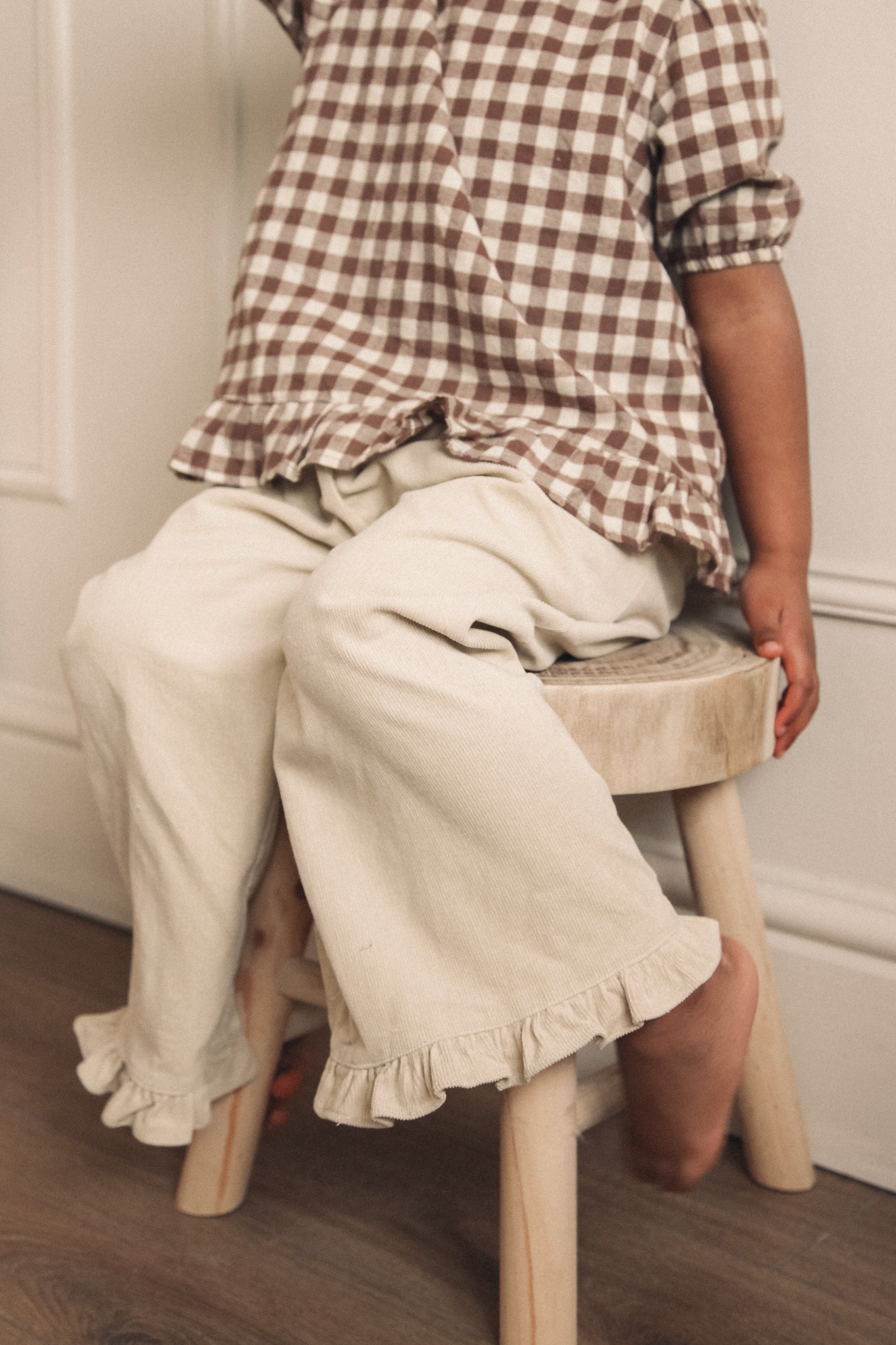 Beige/Cord Frill Hem Wide Leg Trousers