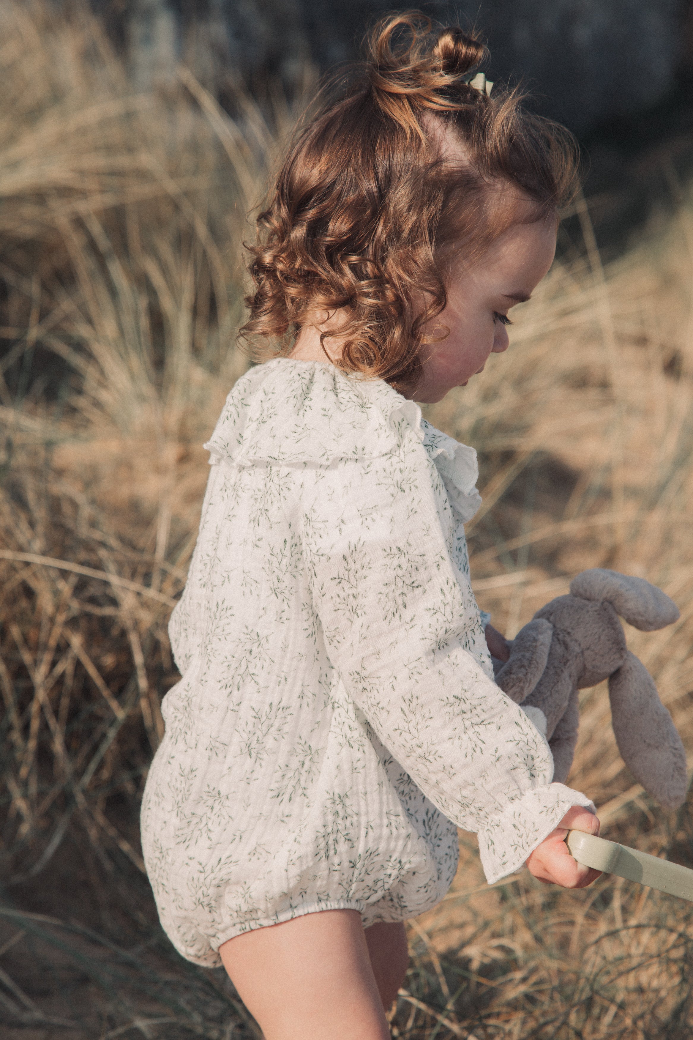 Olive Leaves/Muslin Frill Collar Romper