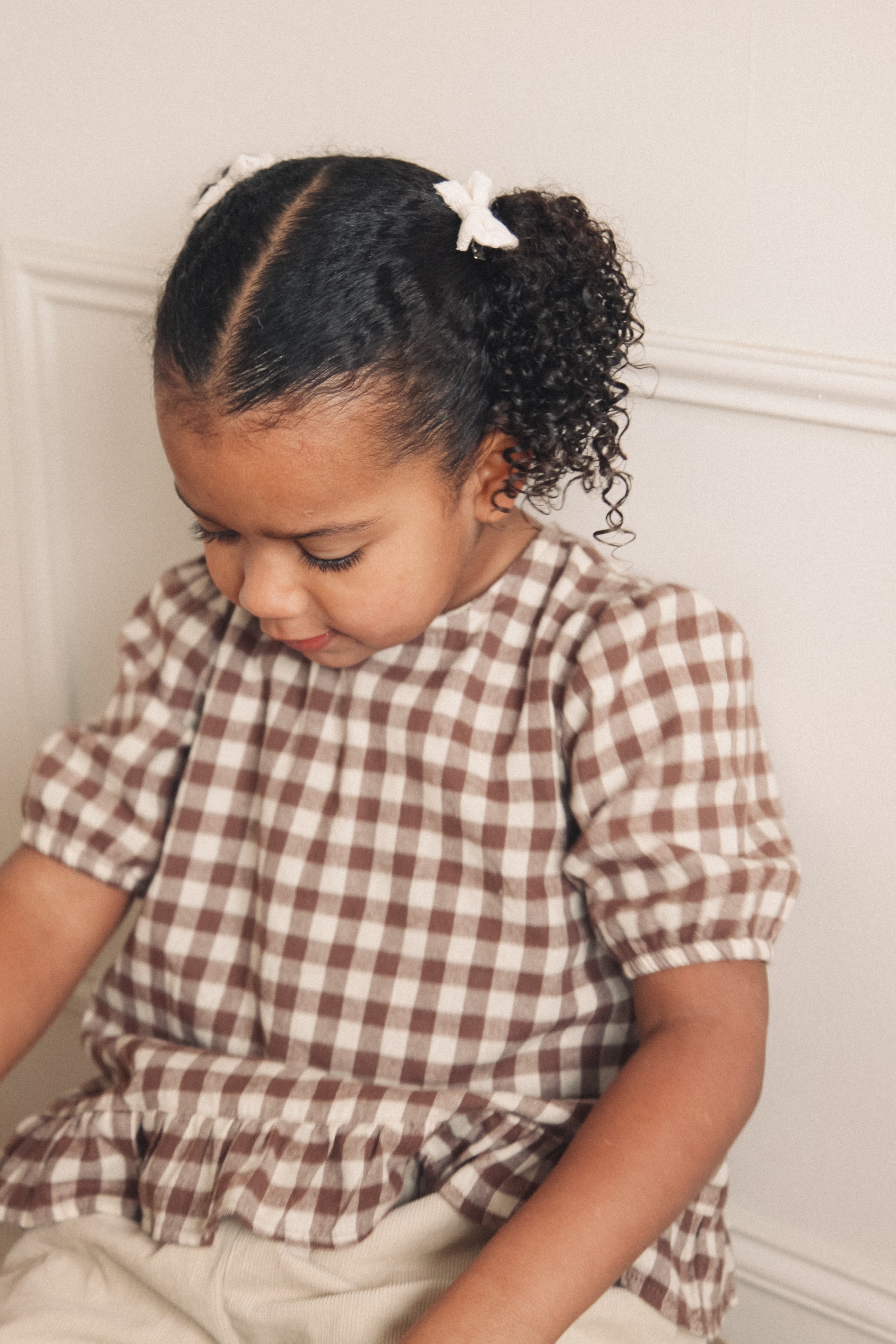 Brown/Check Cotton Button Back Frill Top