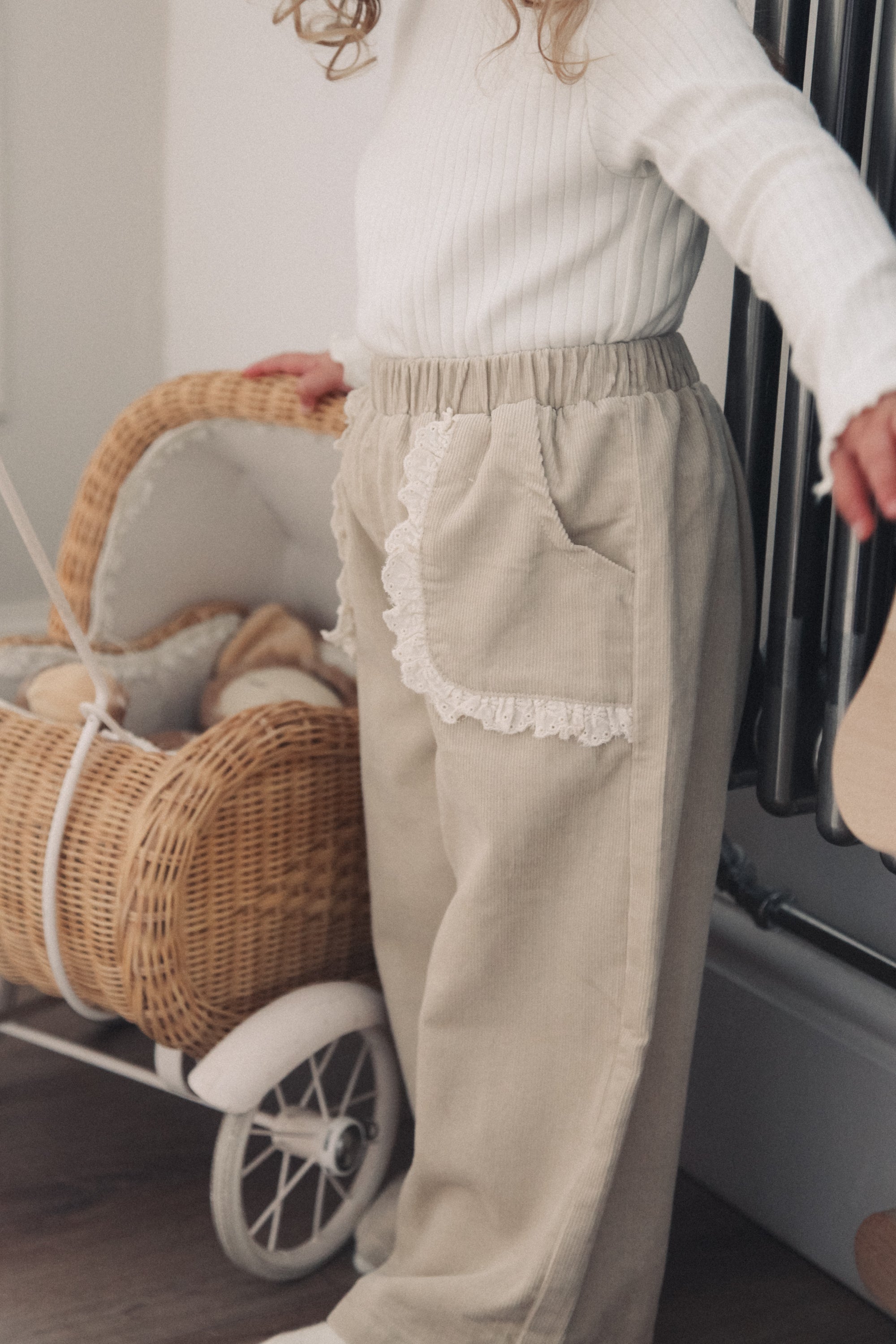 Beige/Cord Frill Pocket Wide Leg Trousers