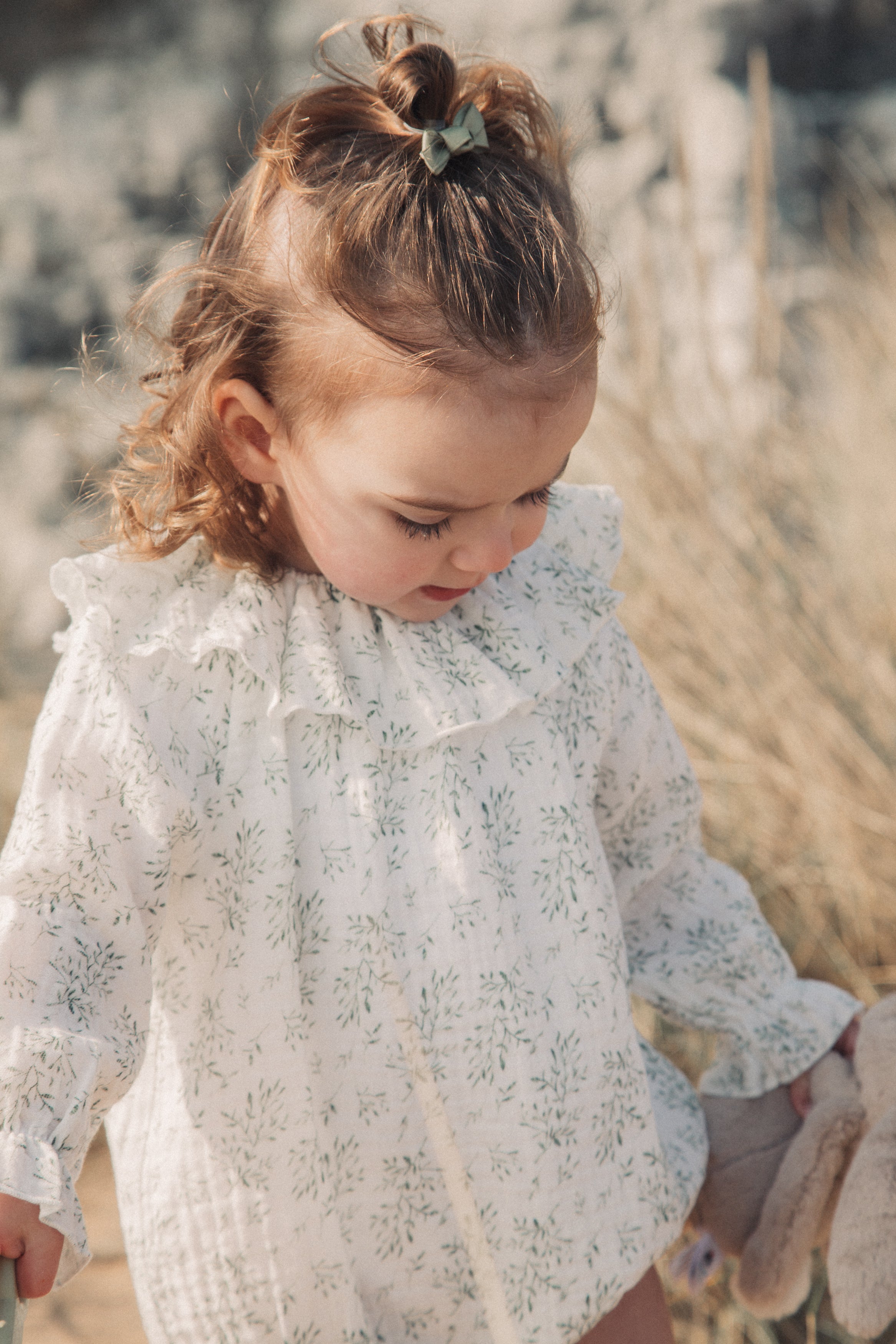 Olive Leaves/Muslin Frill Collar Romper