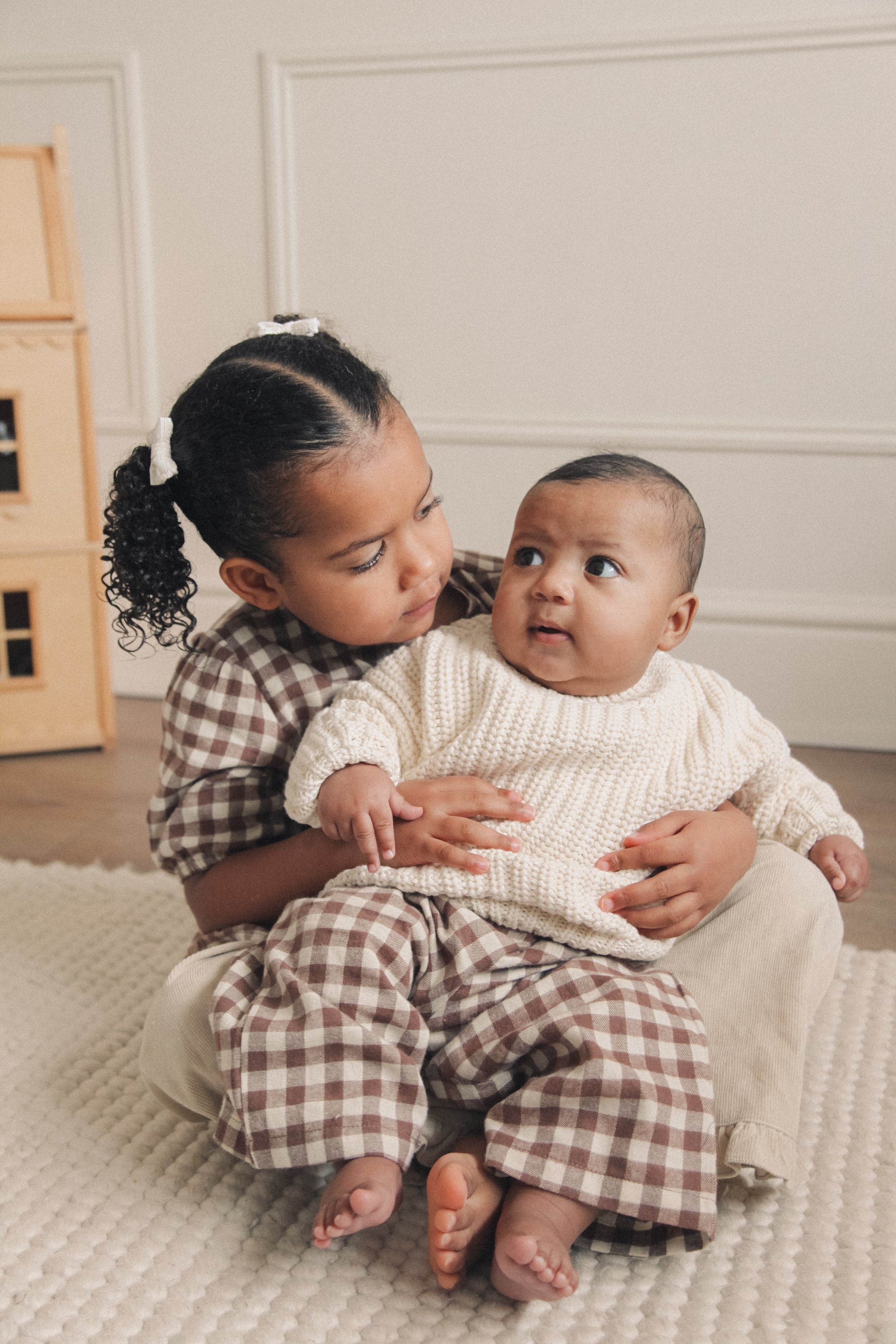 Brown/Check Brushed Cotton Wide Leg Trousers