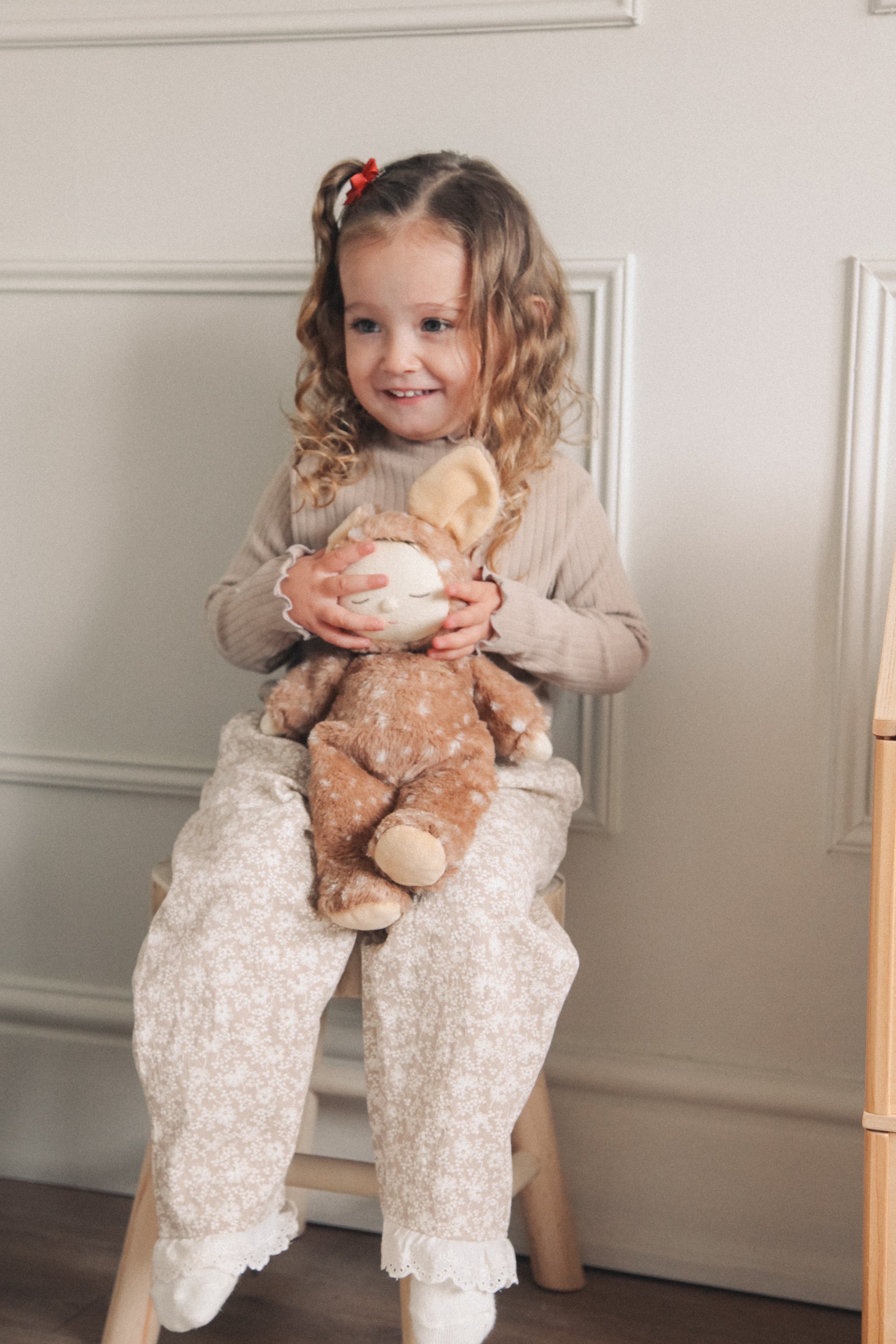 Light Beige/Floral Embroidered Frill Hem Trousers