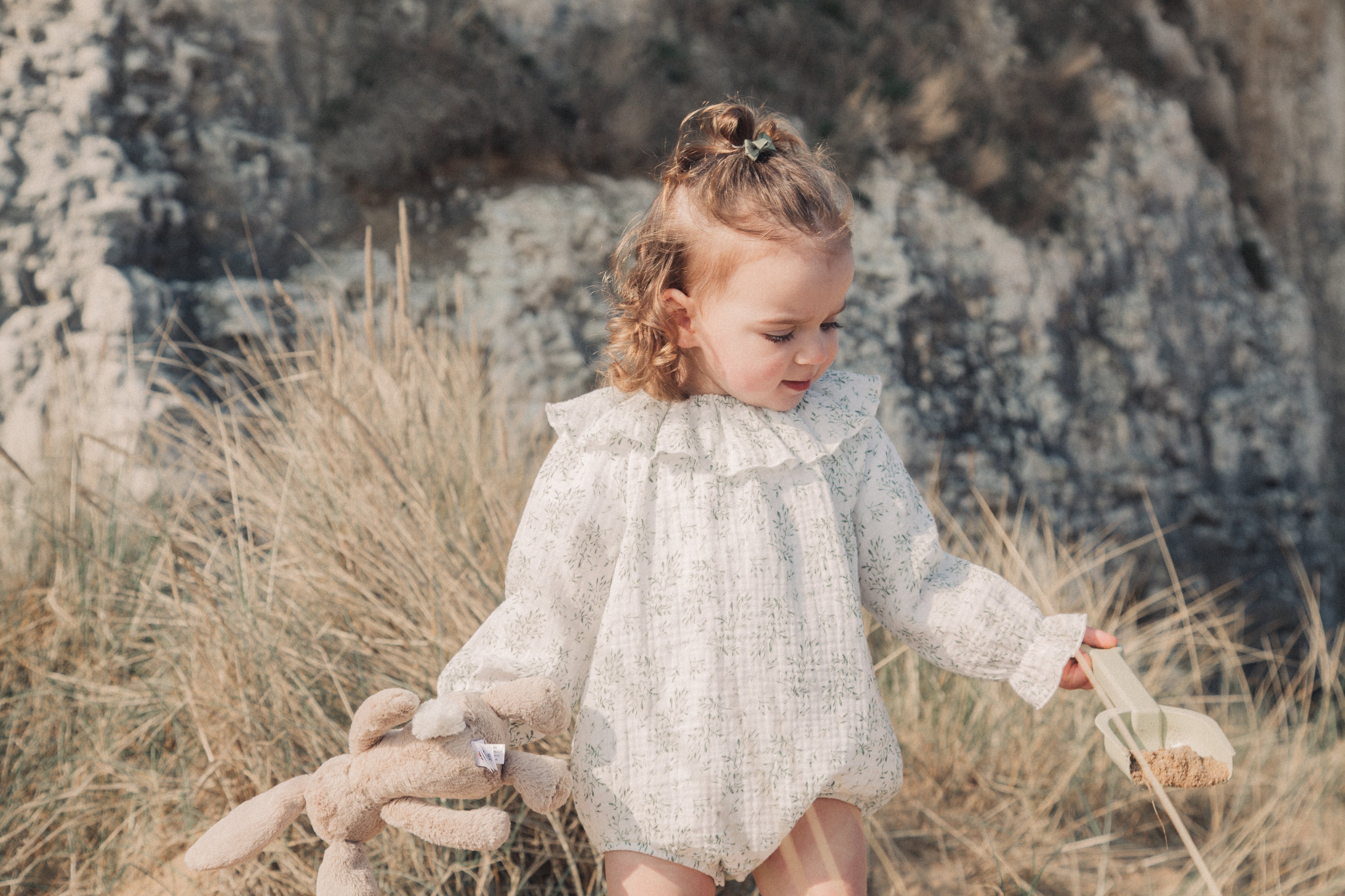 Olive Leaves/Muslin Frill Collar Romper