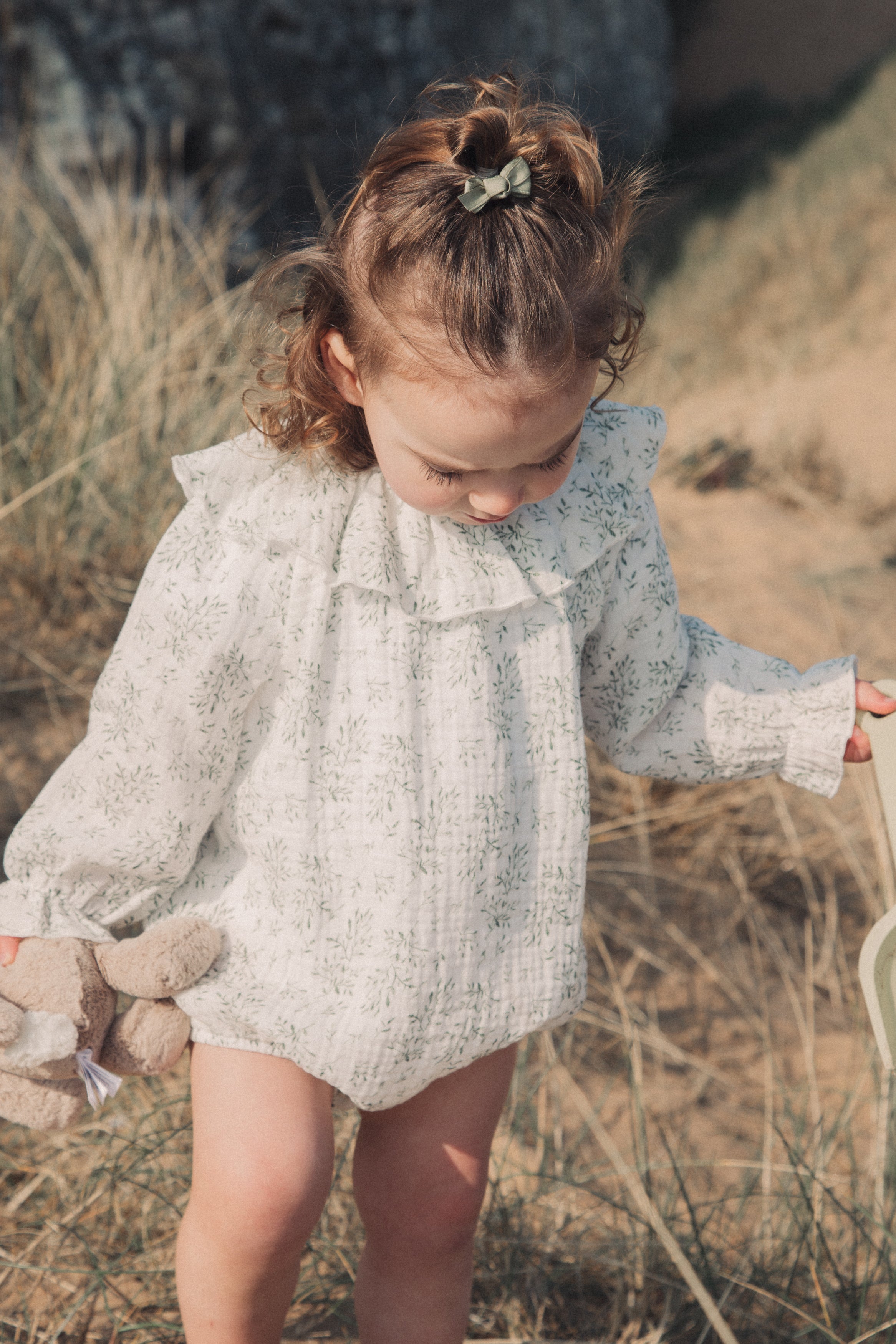 Olive Leaves/Muslin Frill Collar Romper