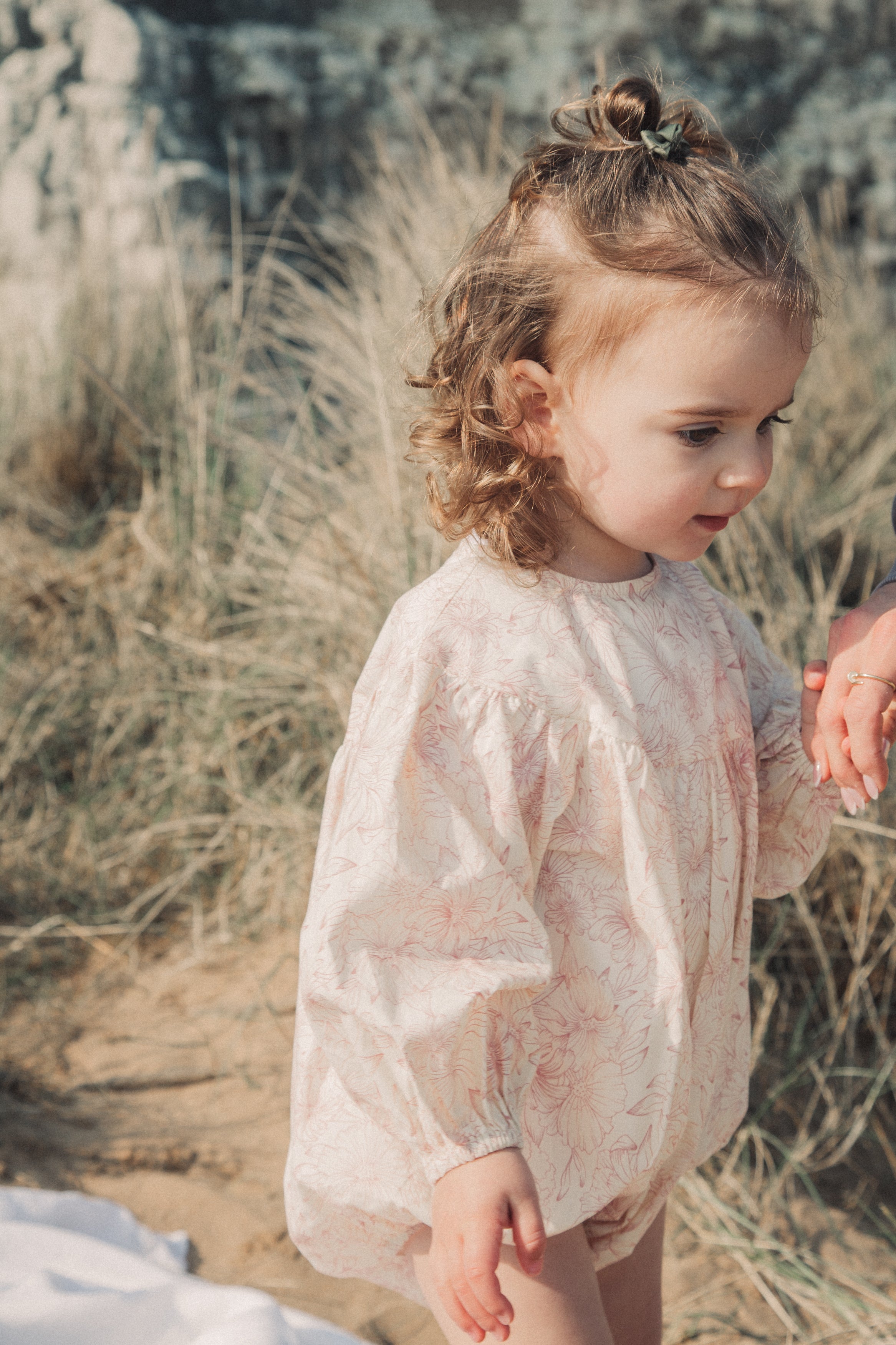Pink/Toile Floral Long Puff Sleeve Romper