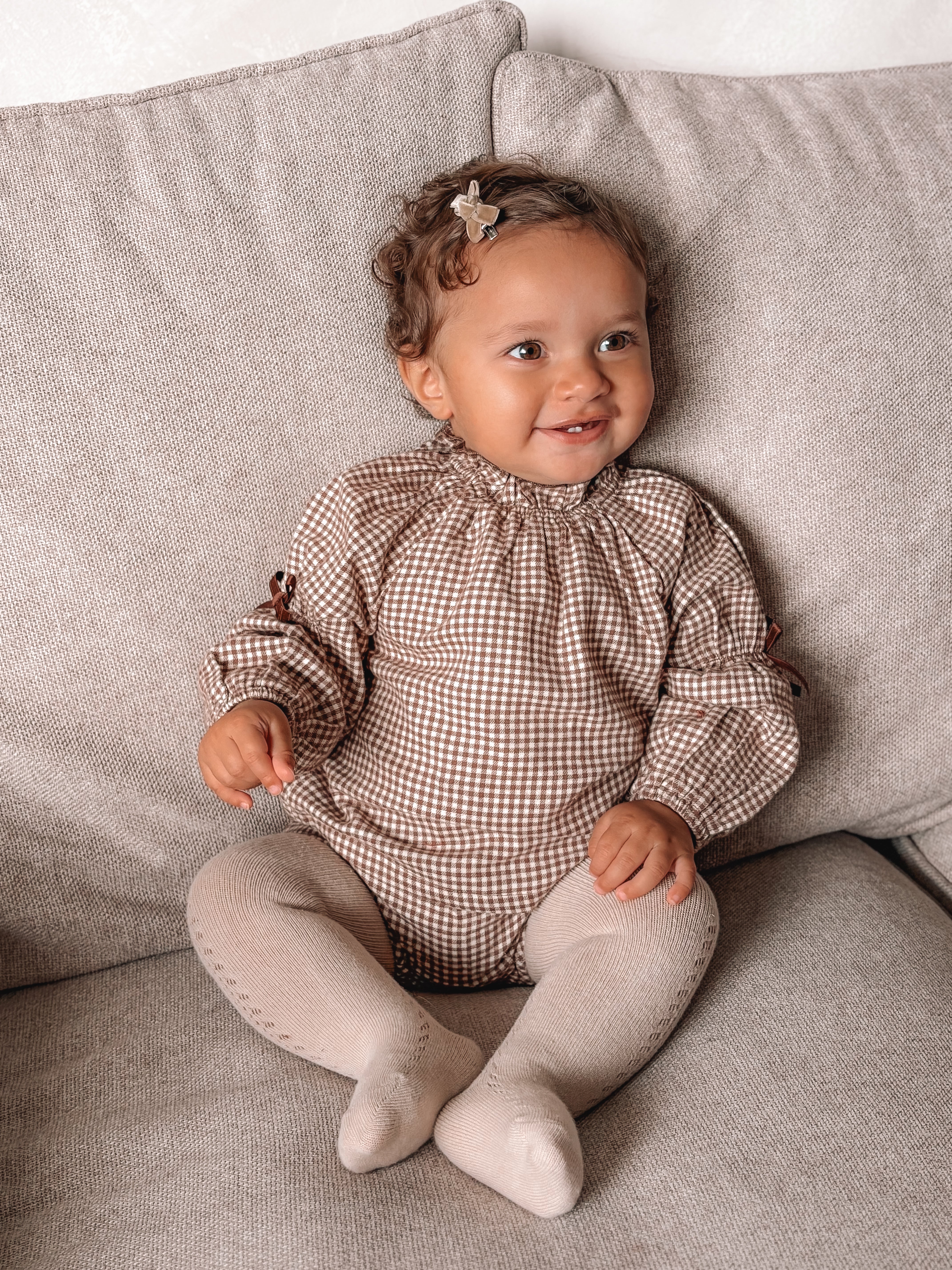 Brown/Gingham Bow Sleeve Blouse & Bloomer Set