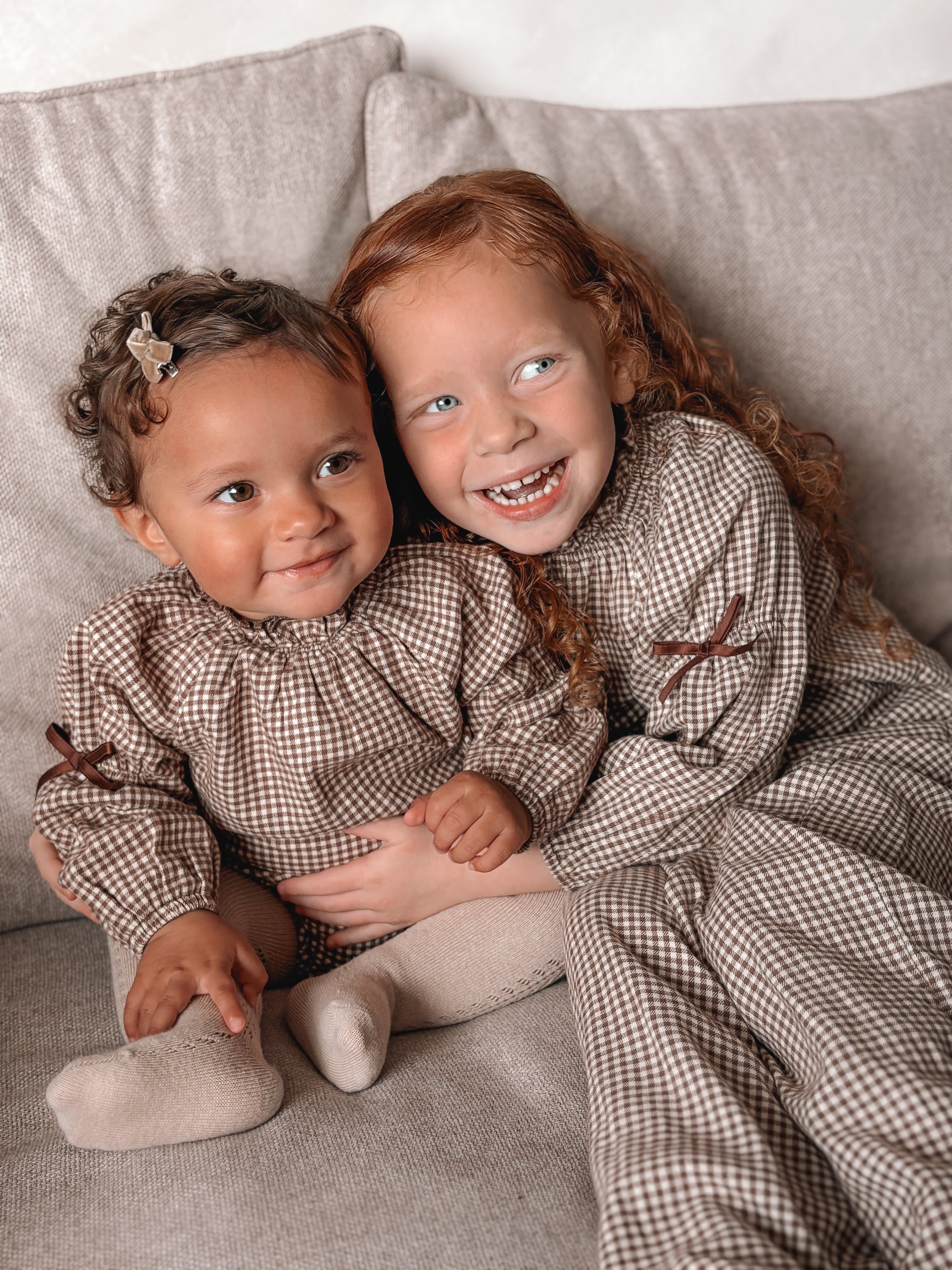Brown/Gingham Bow Sleeve Blouse & Bloomer Set