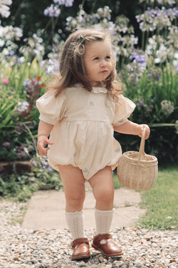 Cream & Lilac Puff Sleeve Embroidered Flower Romper