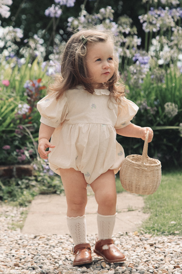 Cream & Lilac Puff Sleeve Embroidered Flower Romper