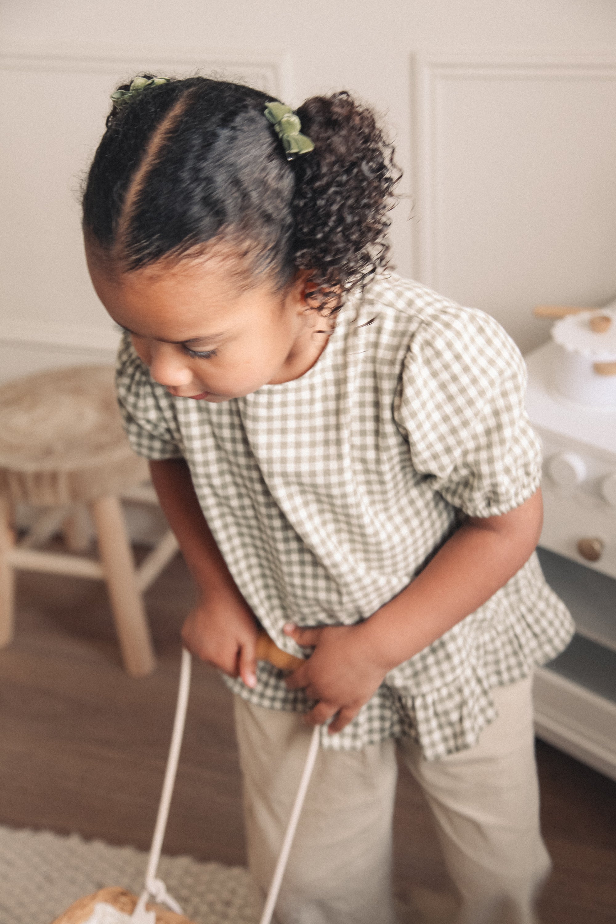 Sage/Green Gingham Cotton Frill Button Back Top