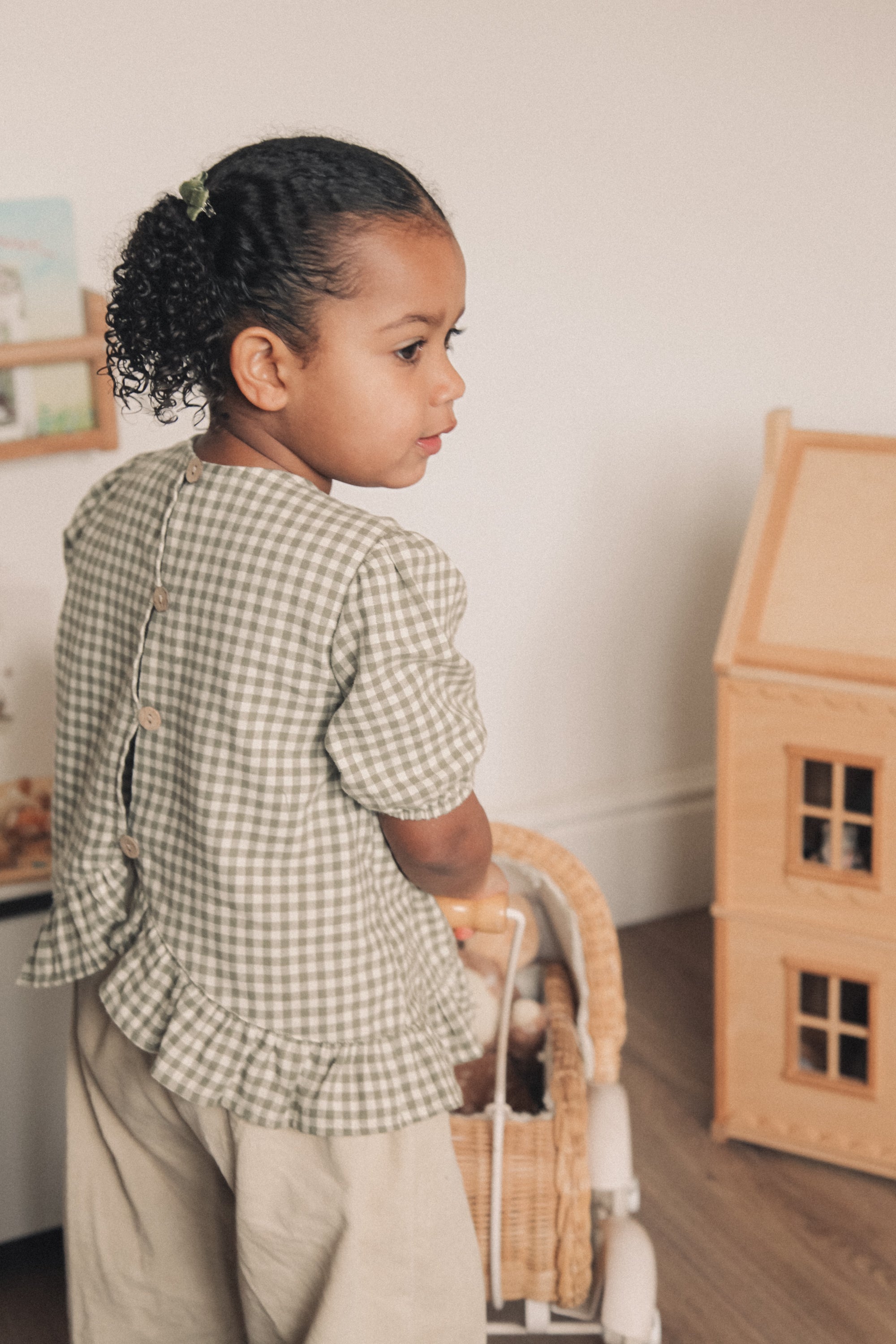 Sage/Green Gingham Cotton Frill Button Back Top