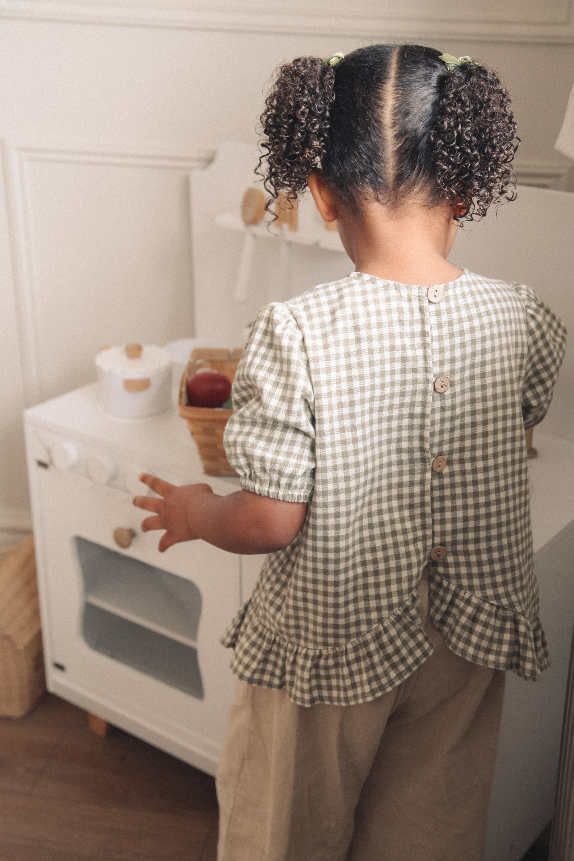 Sage/Green Gingham Cotton Frill Button Back Top