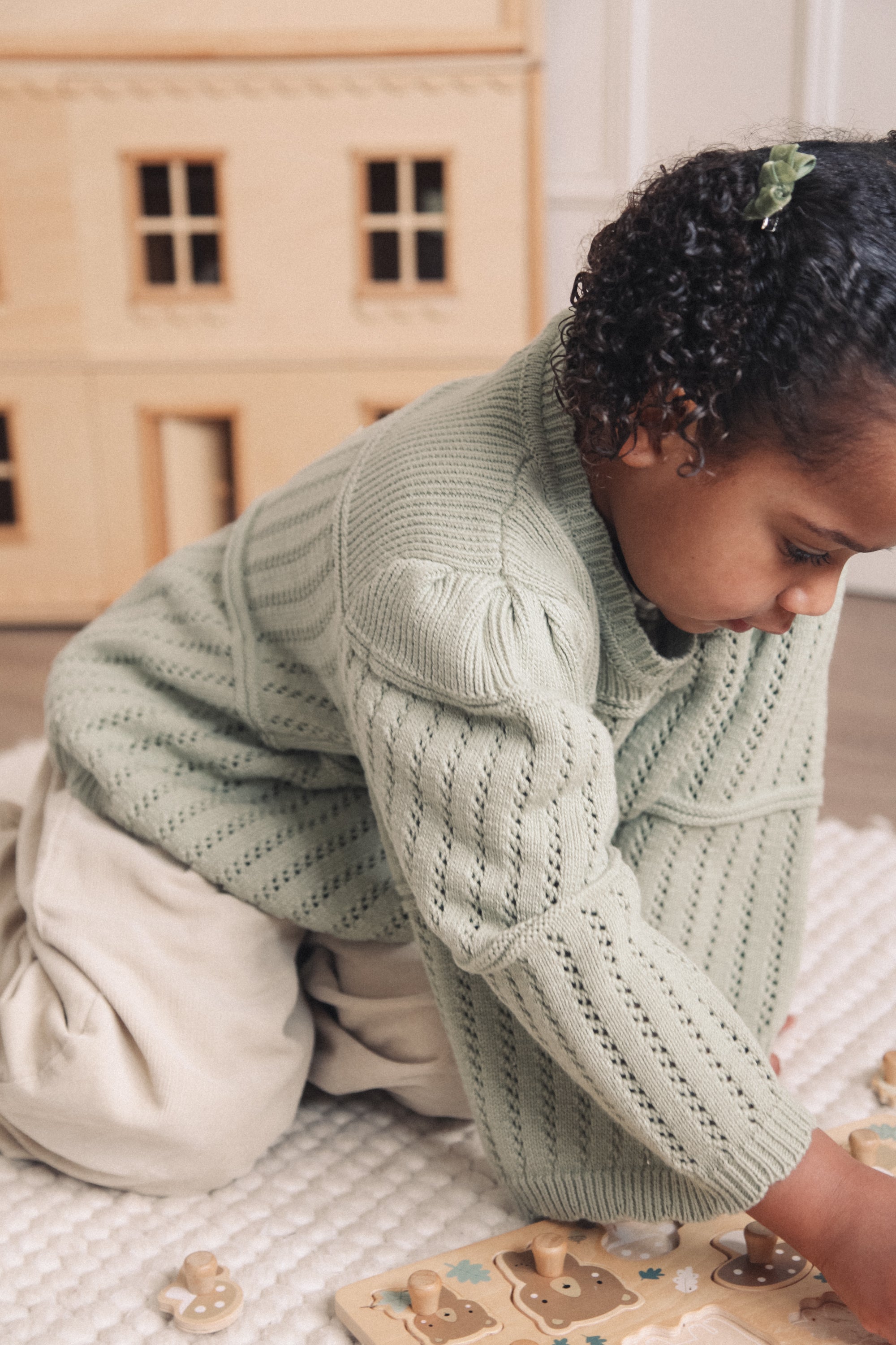 Sage Green Organic Cotton Flare Sleeve Openwork Knit Jumper