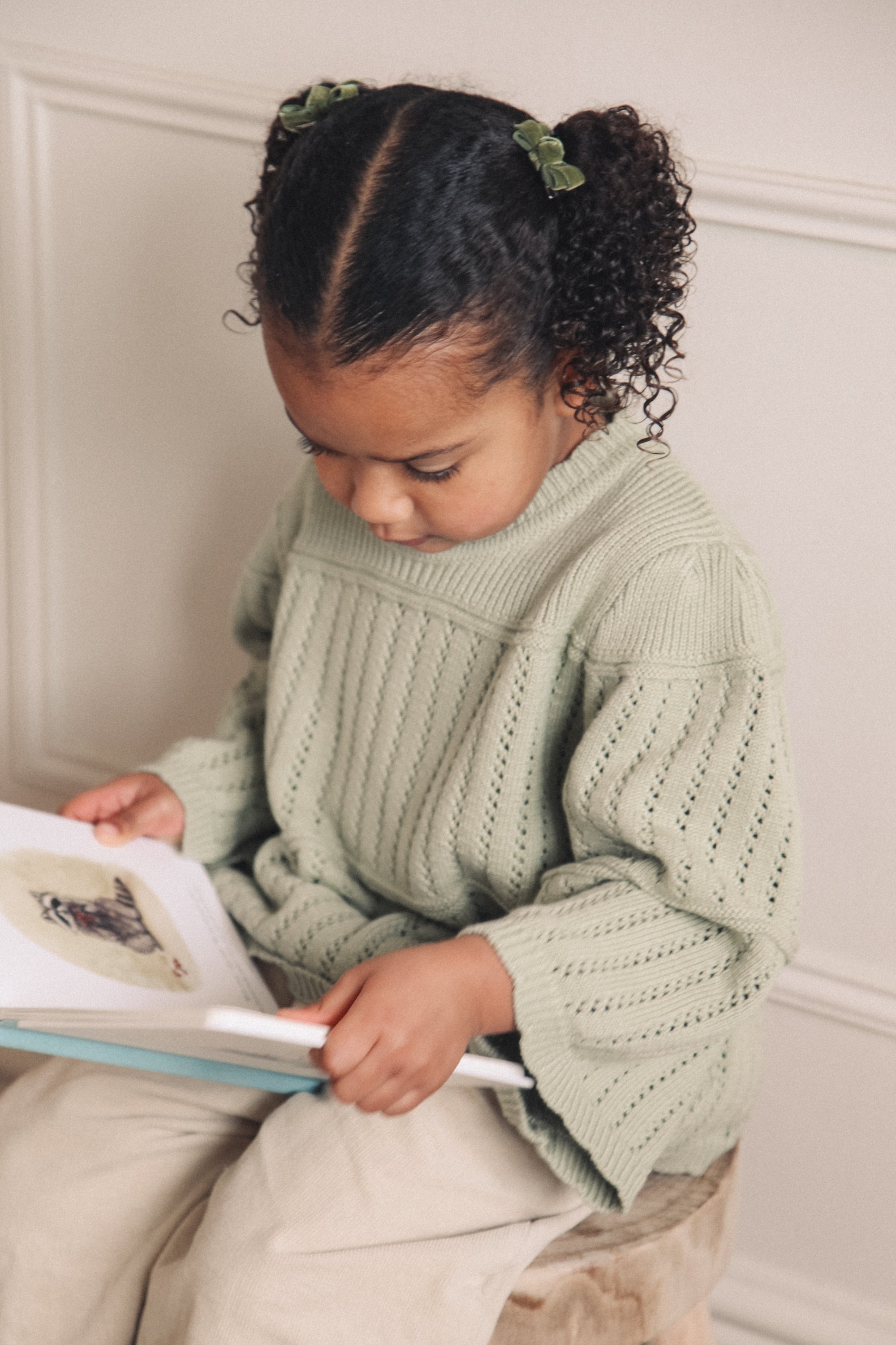 Sage Green Organic Cotton Flare Sleeve Openwork Knit Jumper