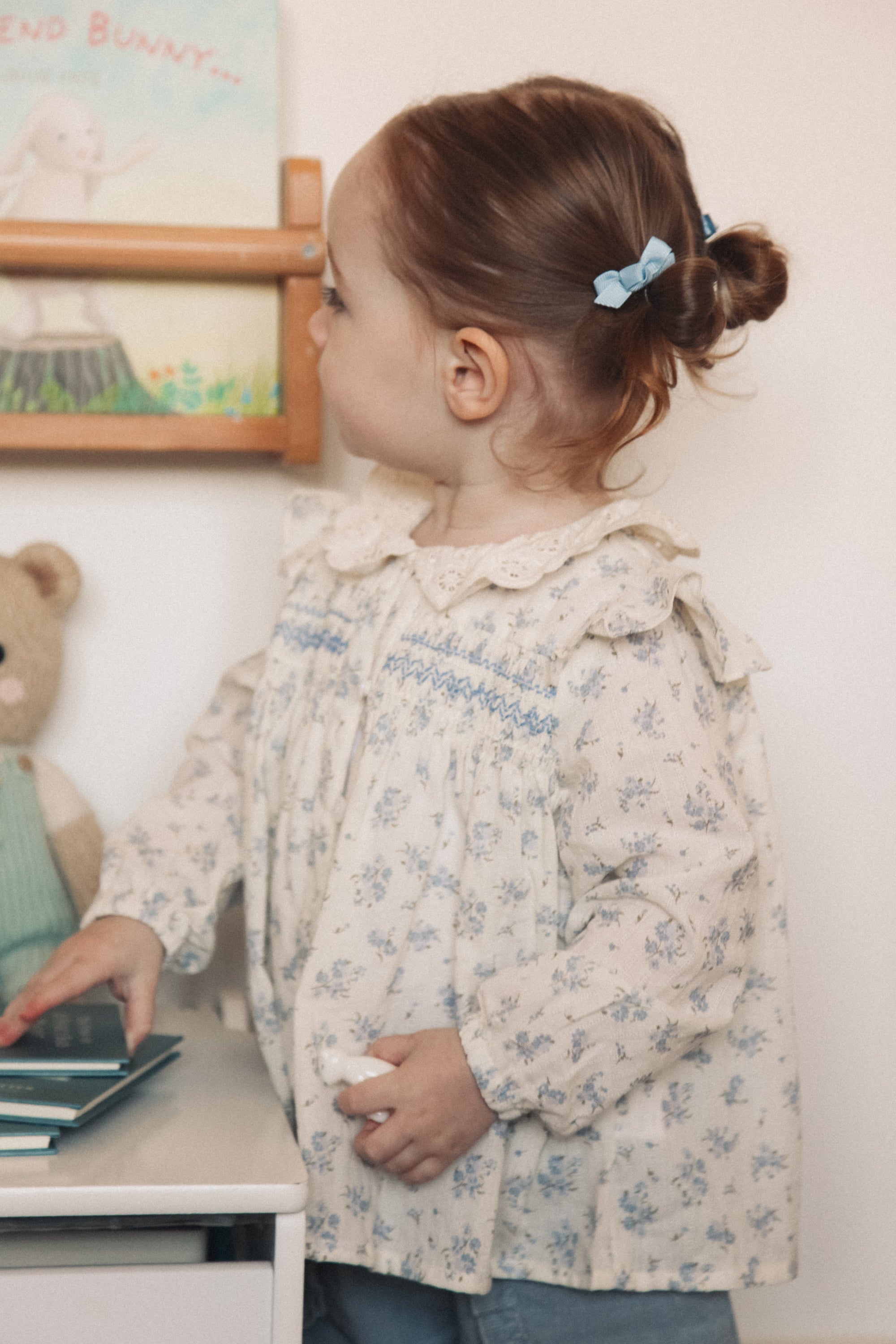 Dusky Blue Floral/Embroidered Collar Smocked Blouse