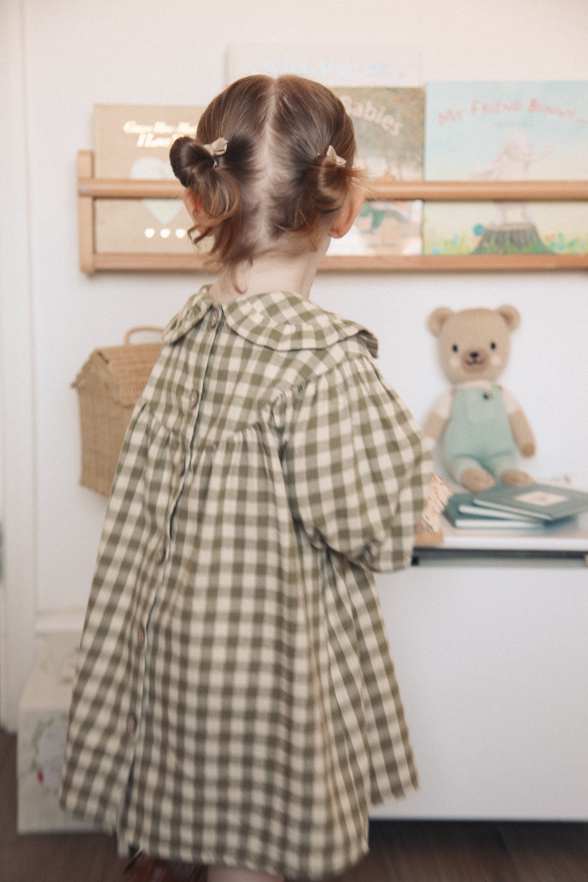 Sage Green/Check Frill Collar Smock Dress