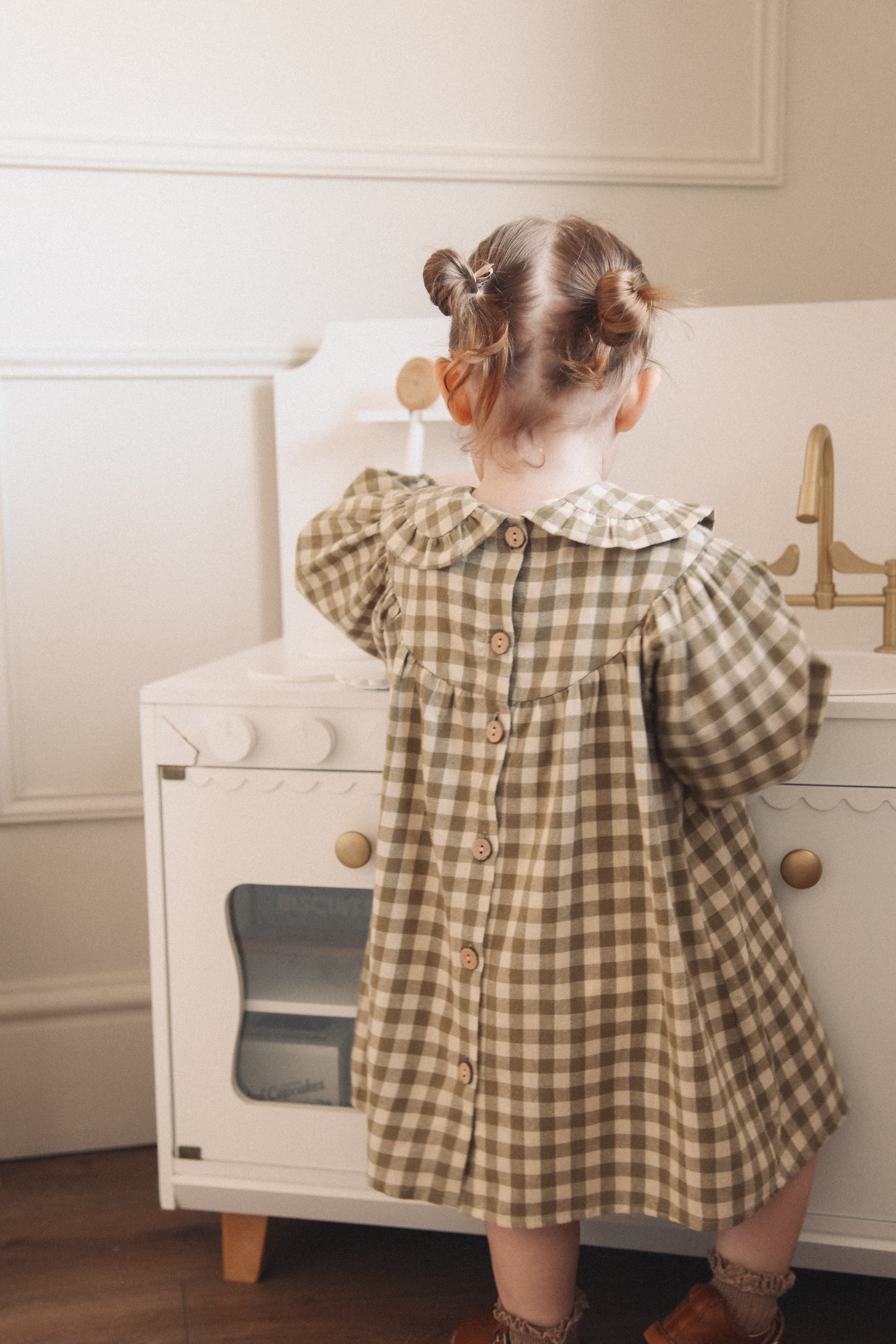 Sage Green/Check Frill Collar Smock Dress