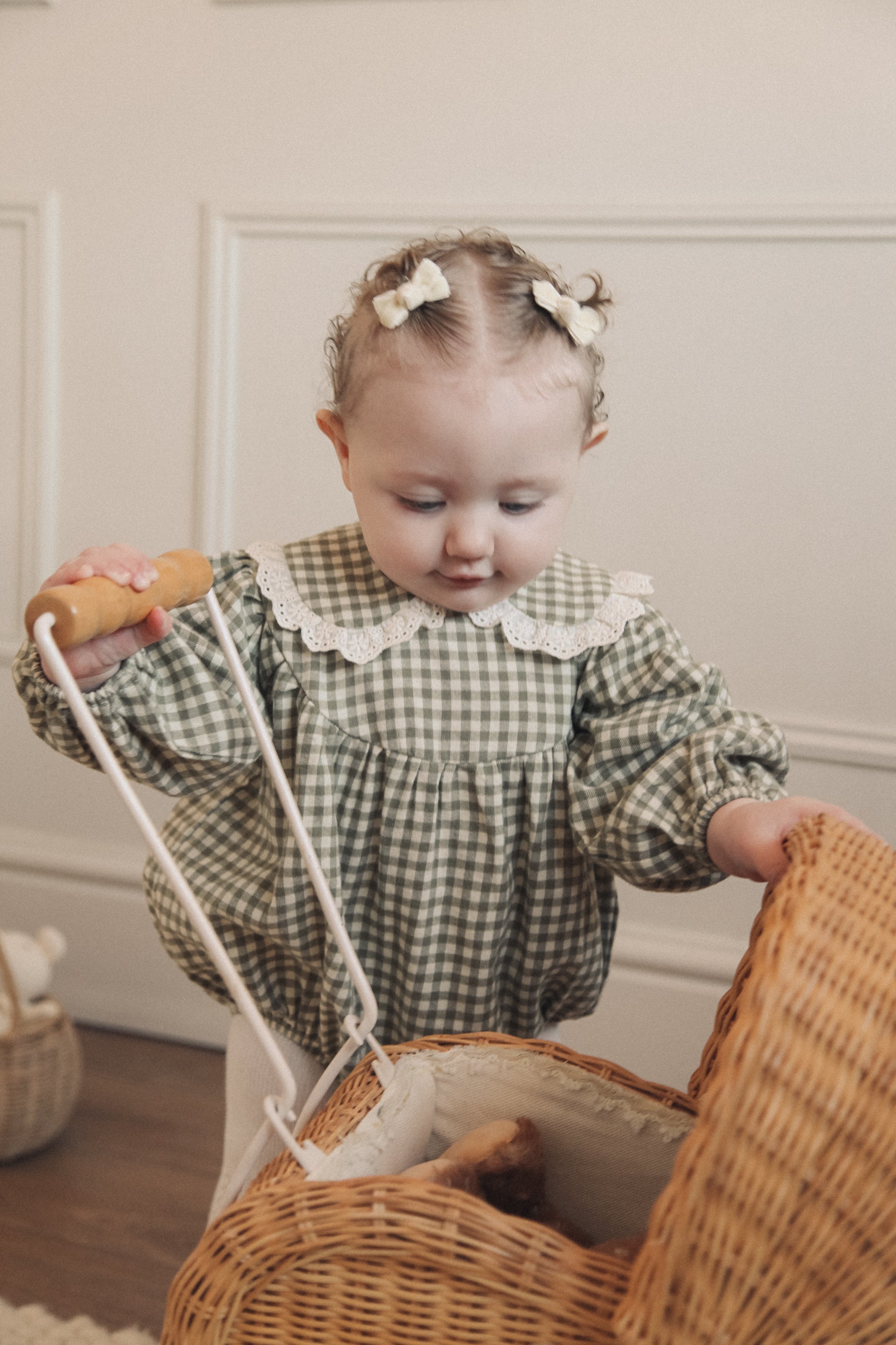 Sage Green/Gingham Frill Collar Romper