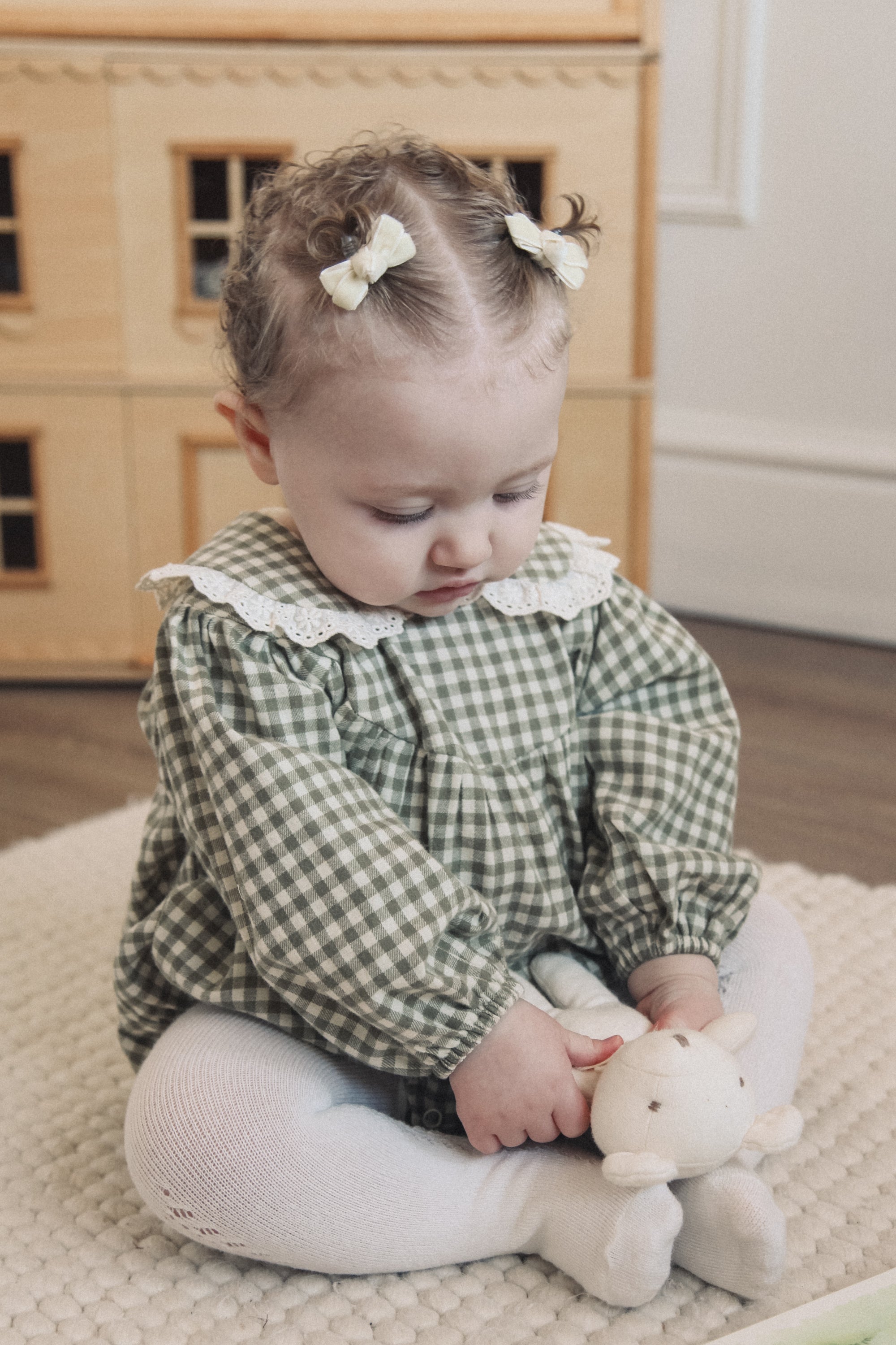 Sage Green/Gingham Frill Collar Romper