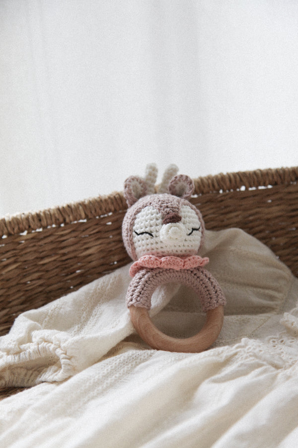 Pink Deer Knitted Baby Rattle