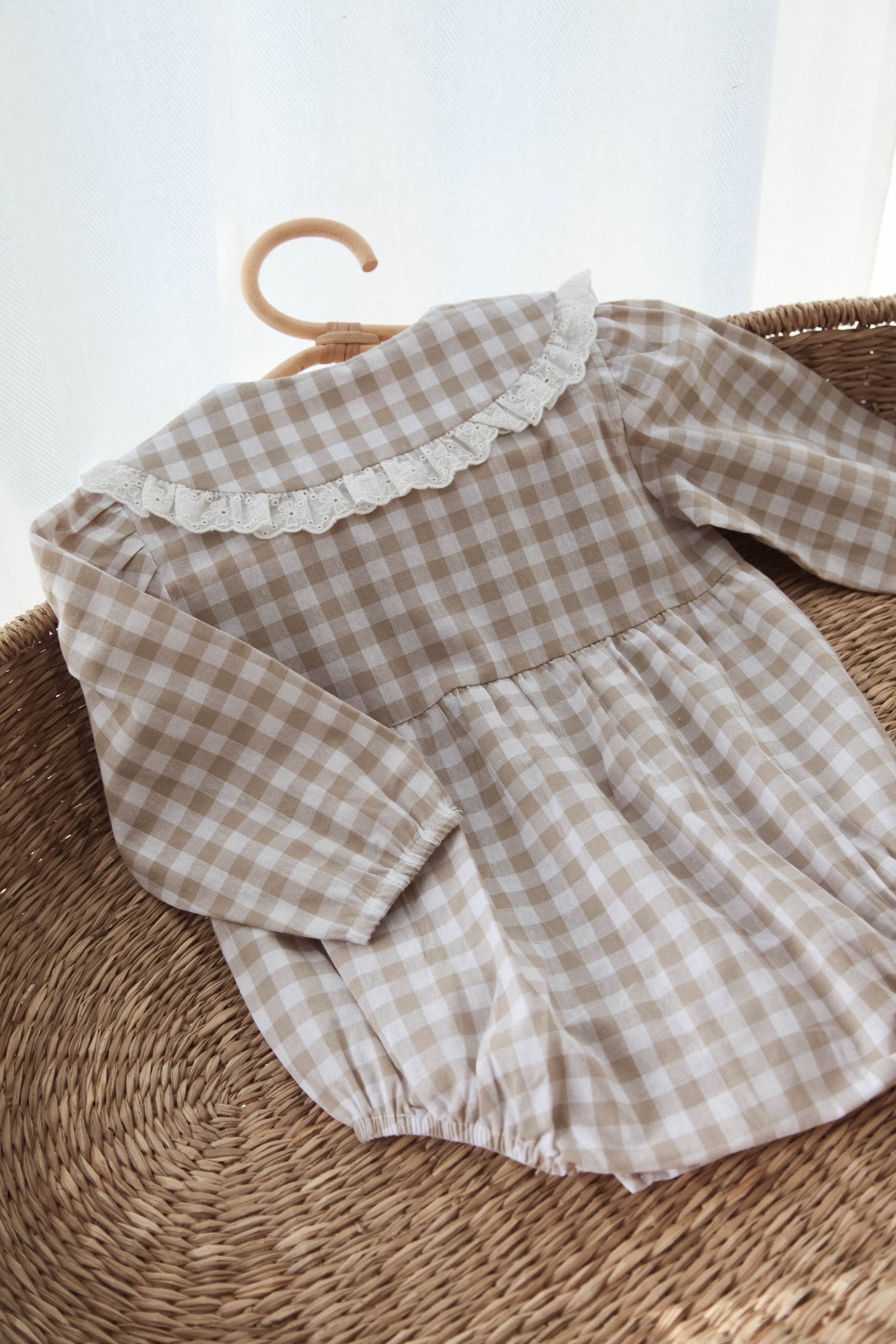 Beige/Check Broderie Frill Collar Romper