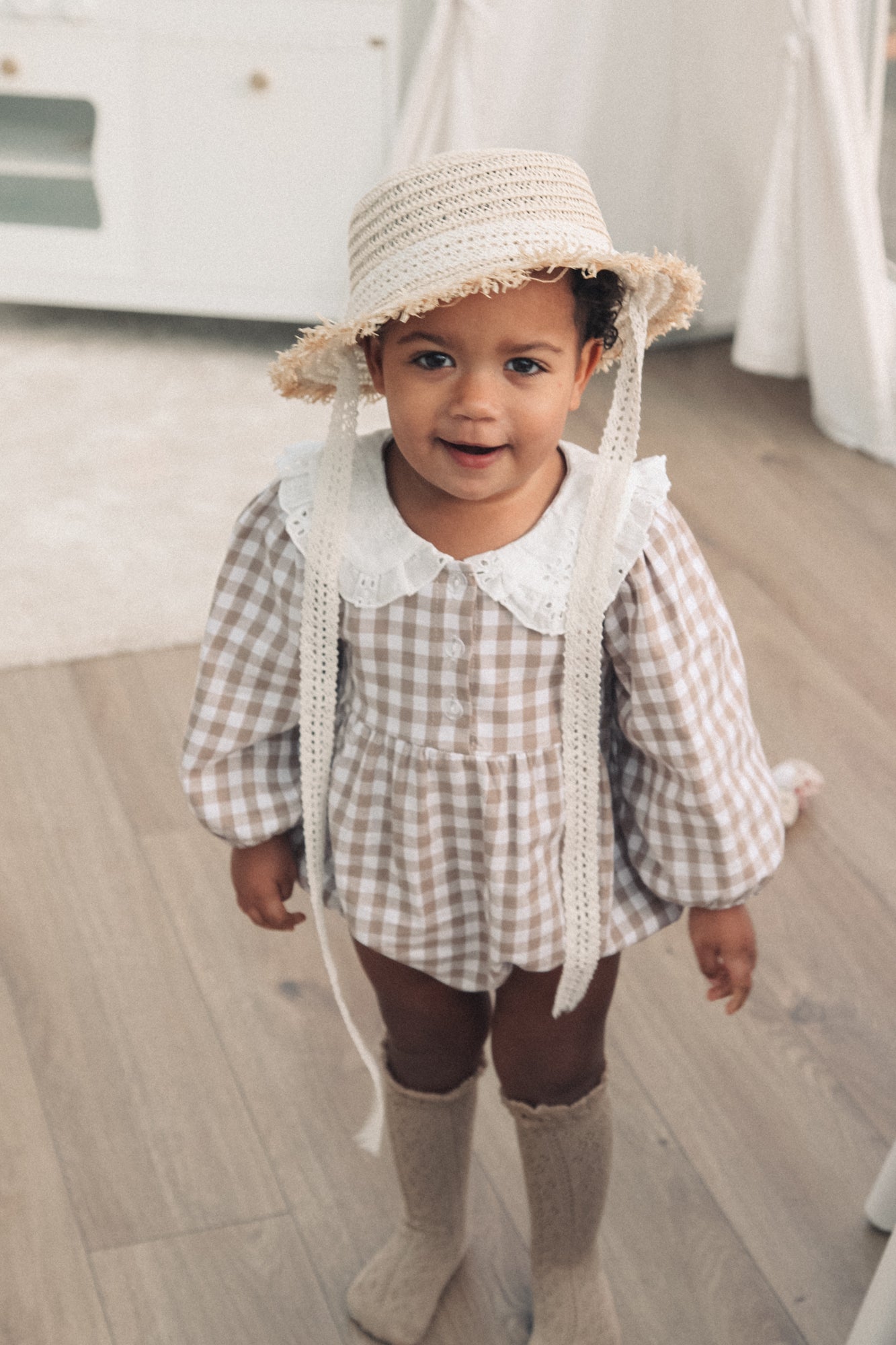 Straw Hat With Cream Crochet Lace Ties