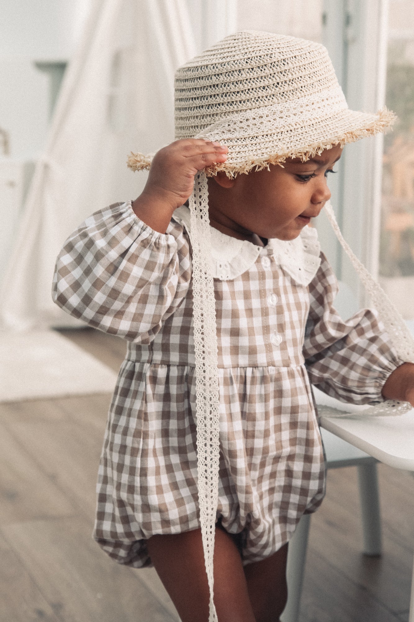 Straw Hat With Cream Crochet Lace Ties