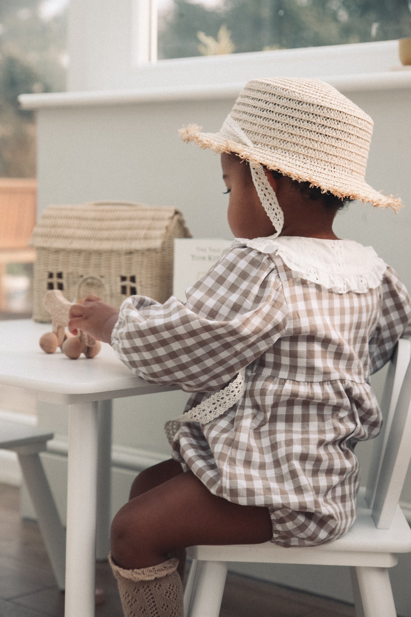 Straw Hat With Cream Crochet Lace Ties