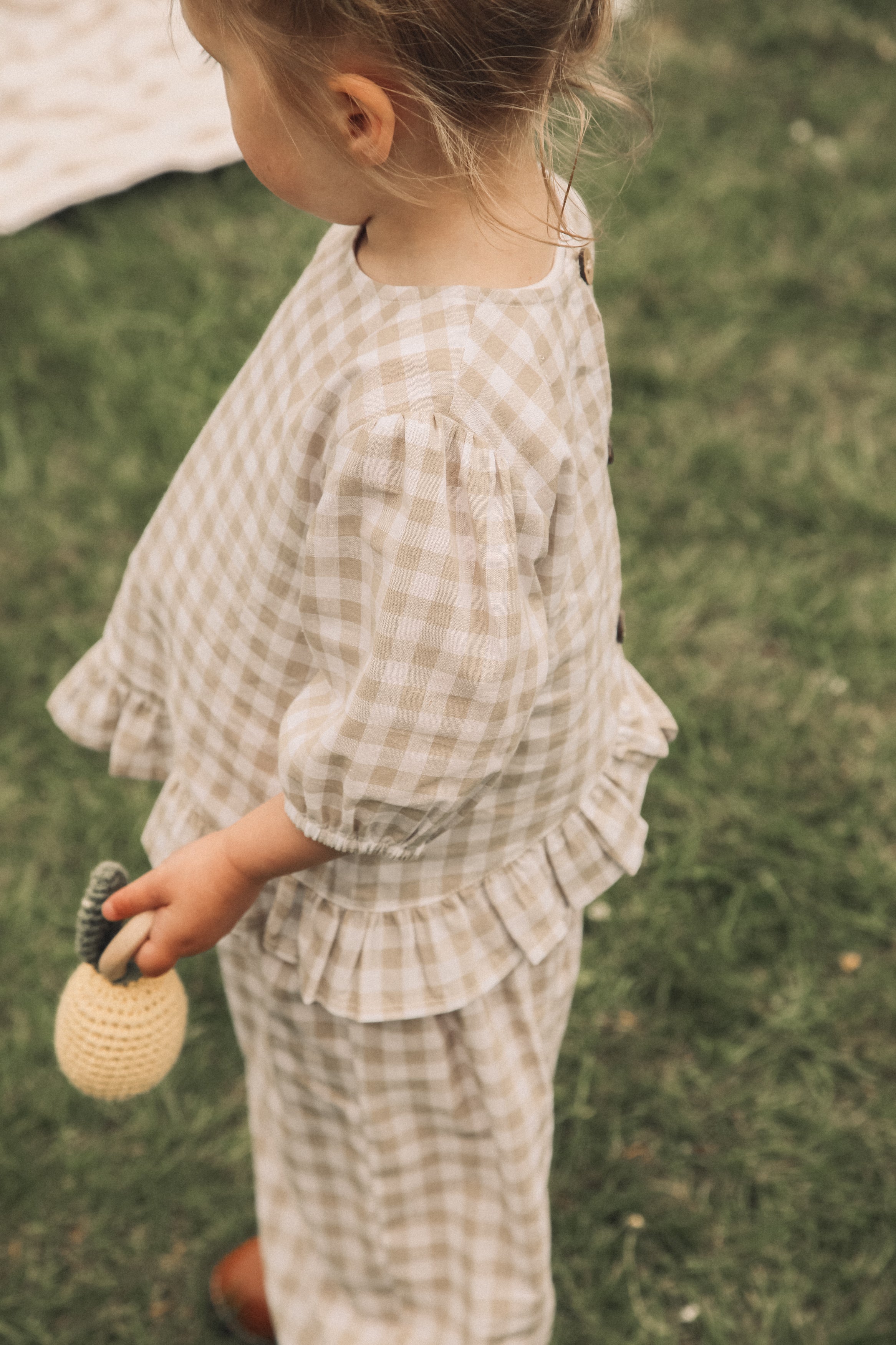Beige/Check Cotton Frill Button Back Top