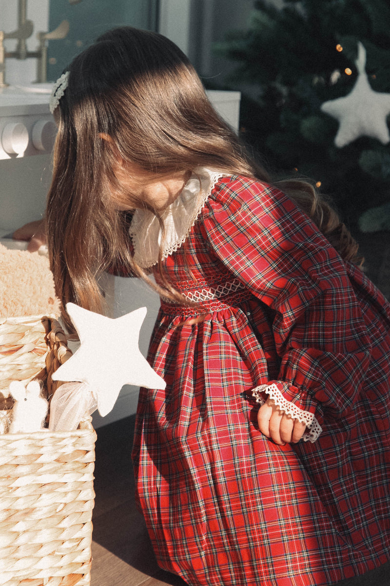 Cream & Red Christmas Check Smocked Dress