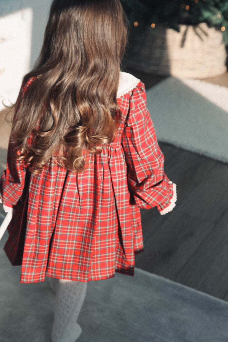 Cream & Red Christmas Check Smocked Dress