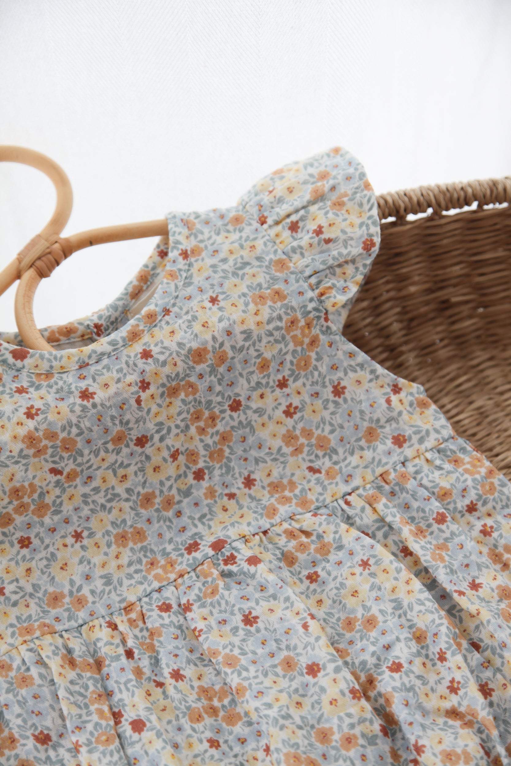 Blue/Wildflowers Frill Short Sleeve Muslin Romper