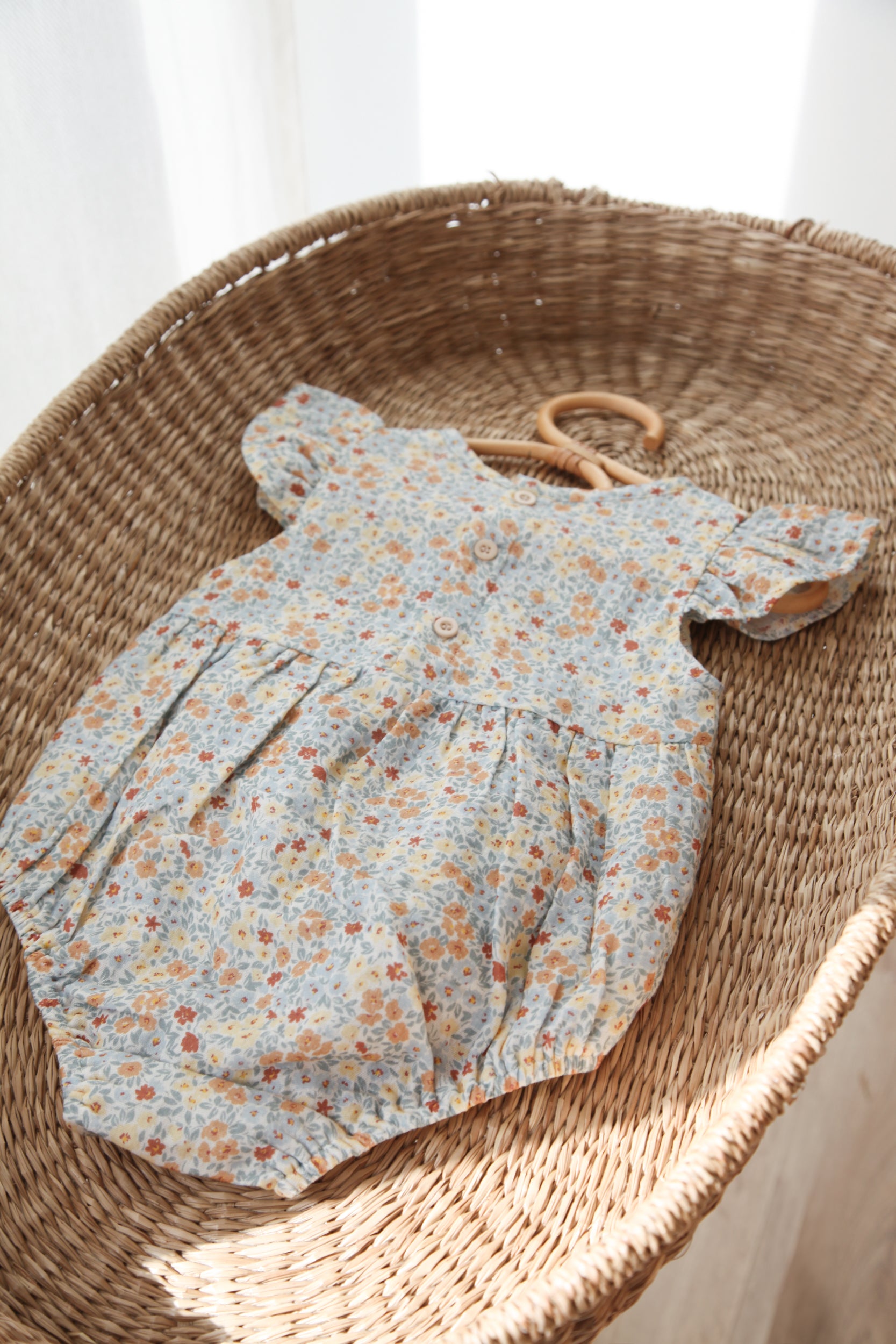 Blue/Wildflowers Frill Short Sleeve Muslin Romper