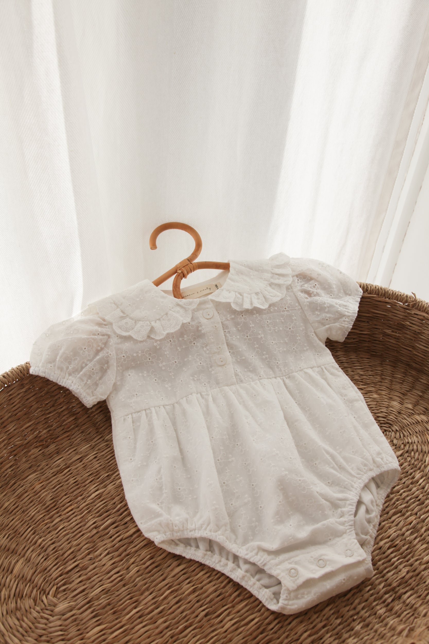 White/Embroidered Flower Frill Collar Romper