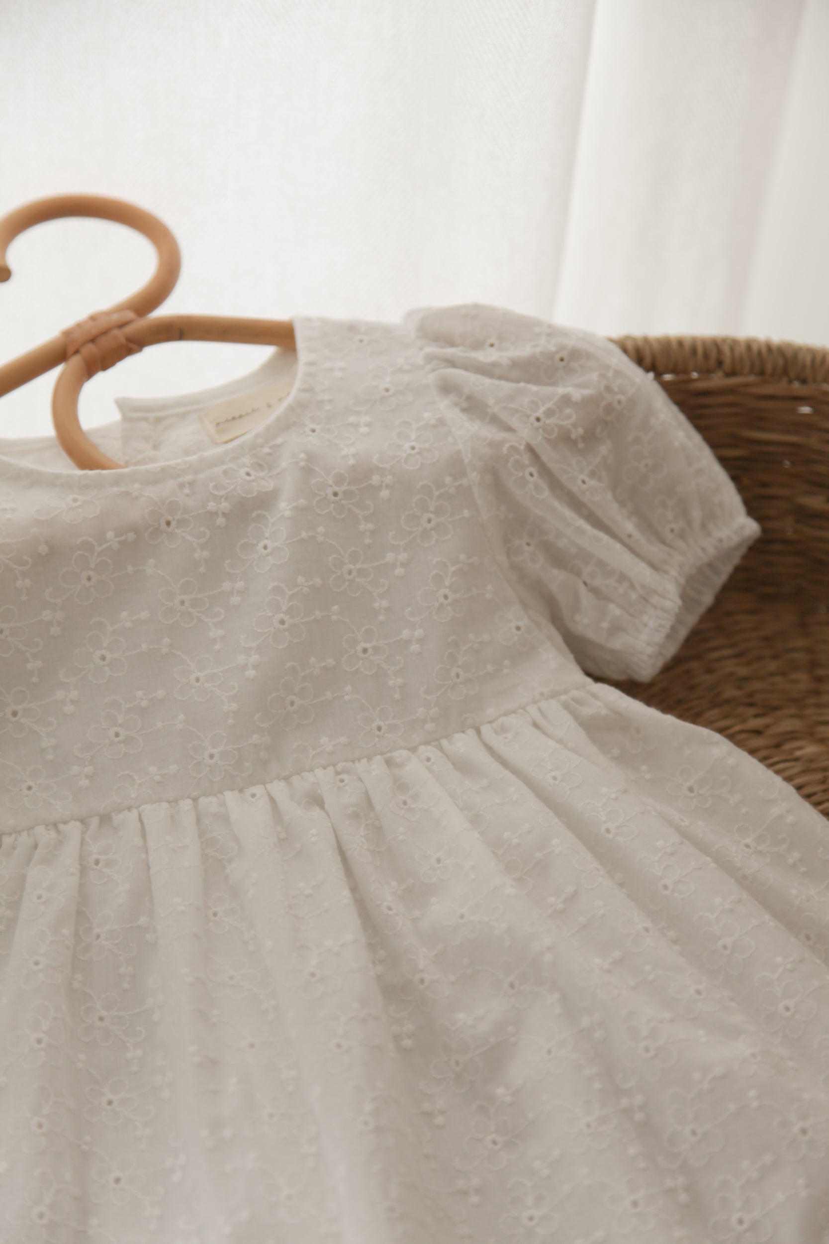 White/Embroidered Flower Puff Short Sleeve Dress