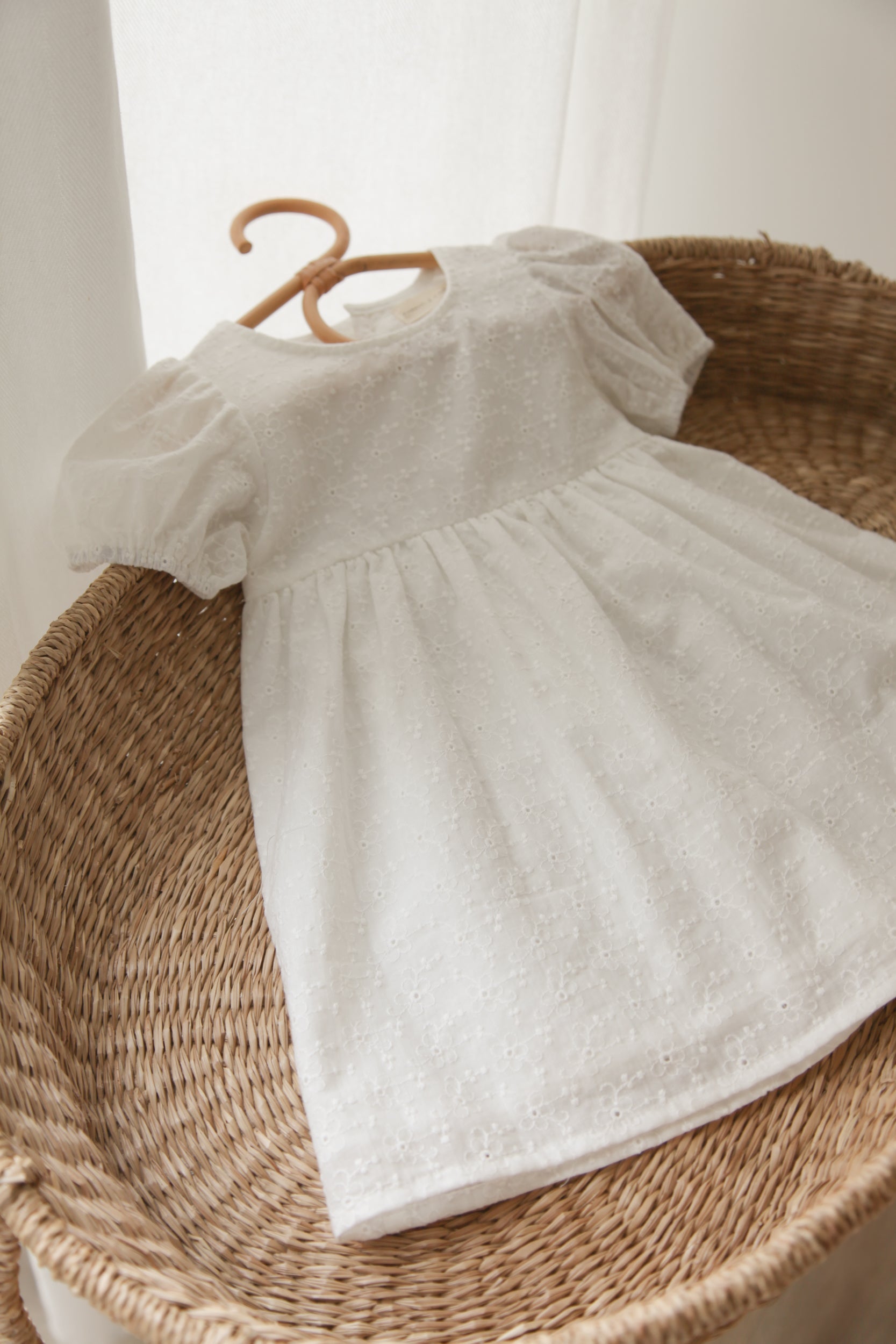 White/Embroidered Flower Puff Short Sleeve Dress