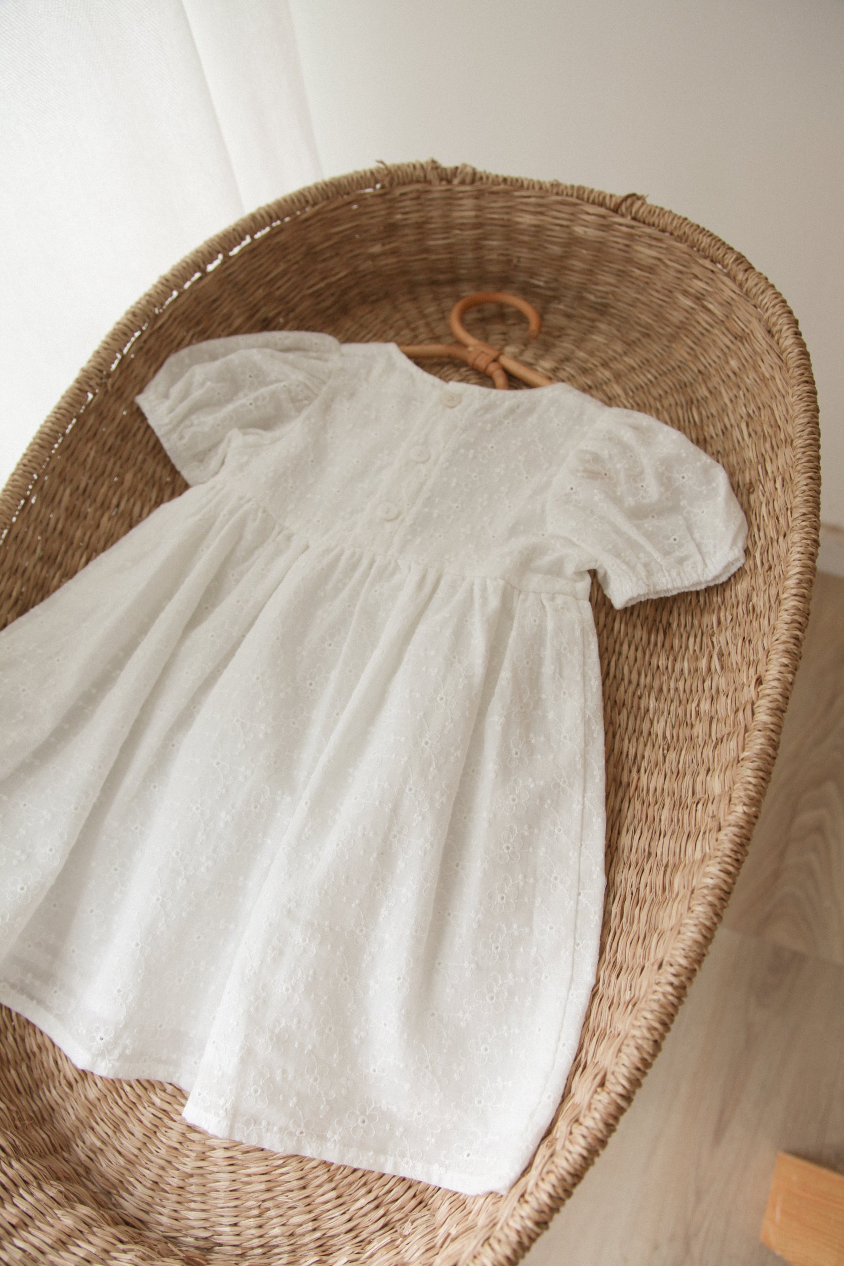 White/Embroidered Flower Puff Short Sleeve Dress