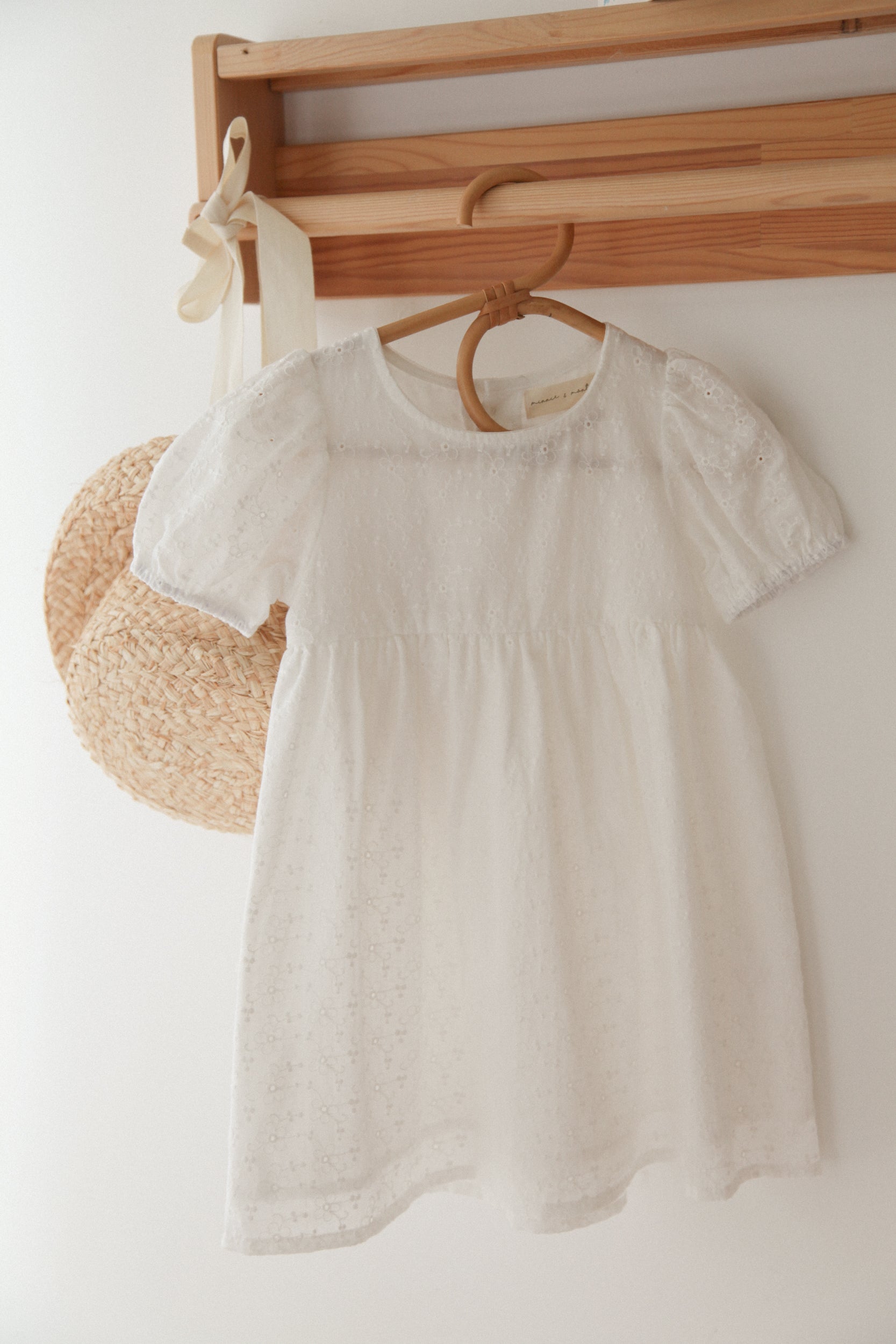 White/Embroidered Flower Puff Short Sleeve Dress