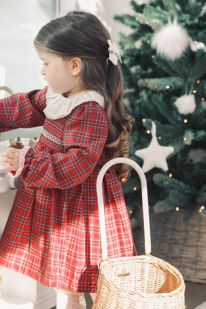 Cream & Red Christmas Check Smocked Dress