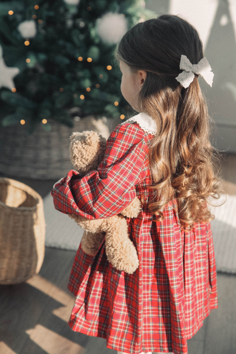 Cream & Red Christmas Check Smocked Dress