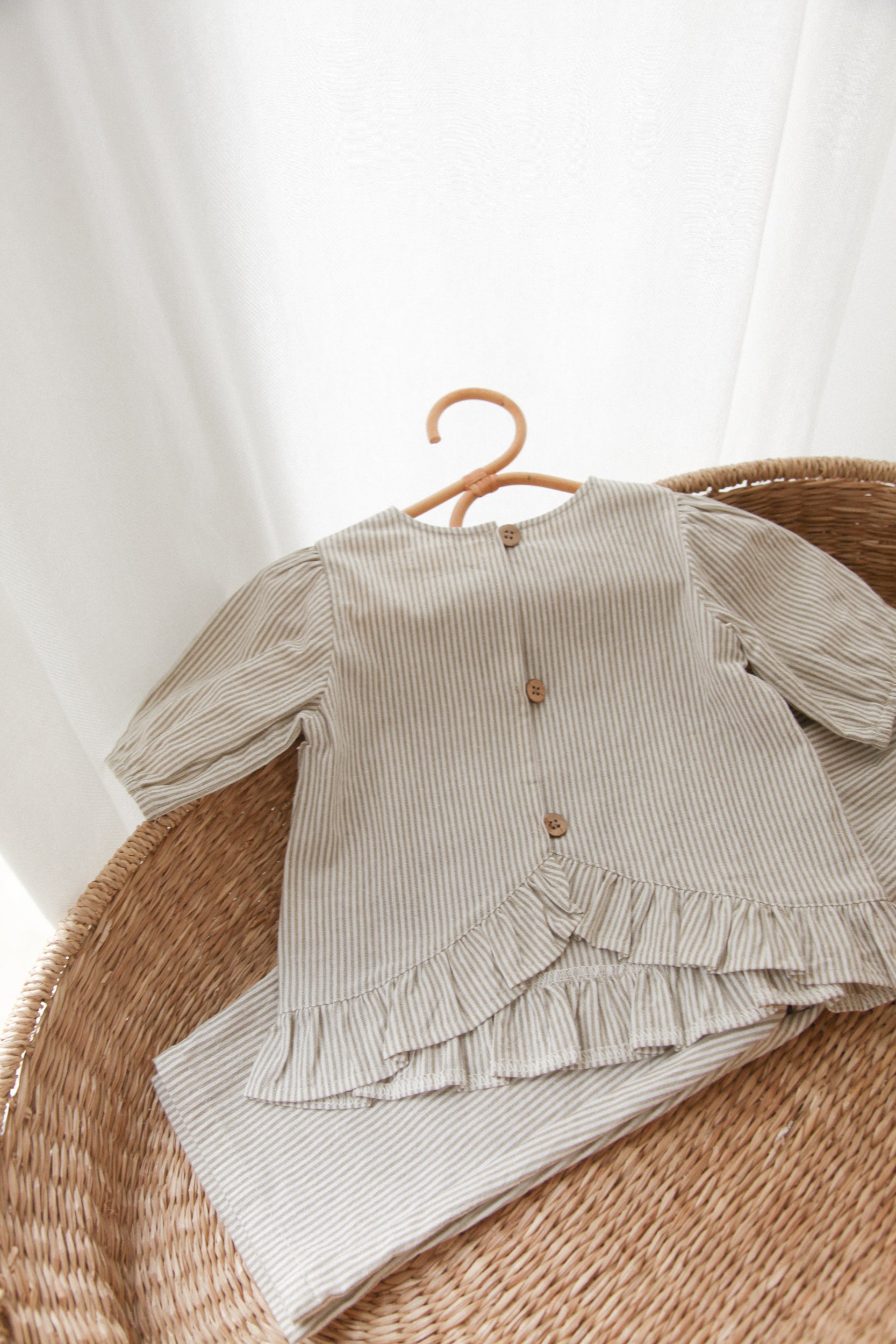 Green/Stripe Cotton Frill Button Back Top