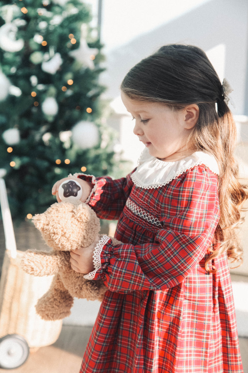 Cream & Red Christmas Check Smocked Dress