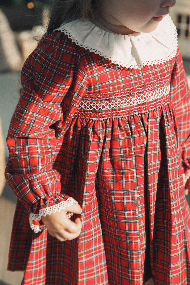 Cream & Red Christmas Check Smocked Dress