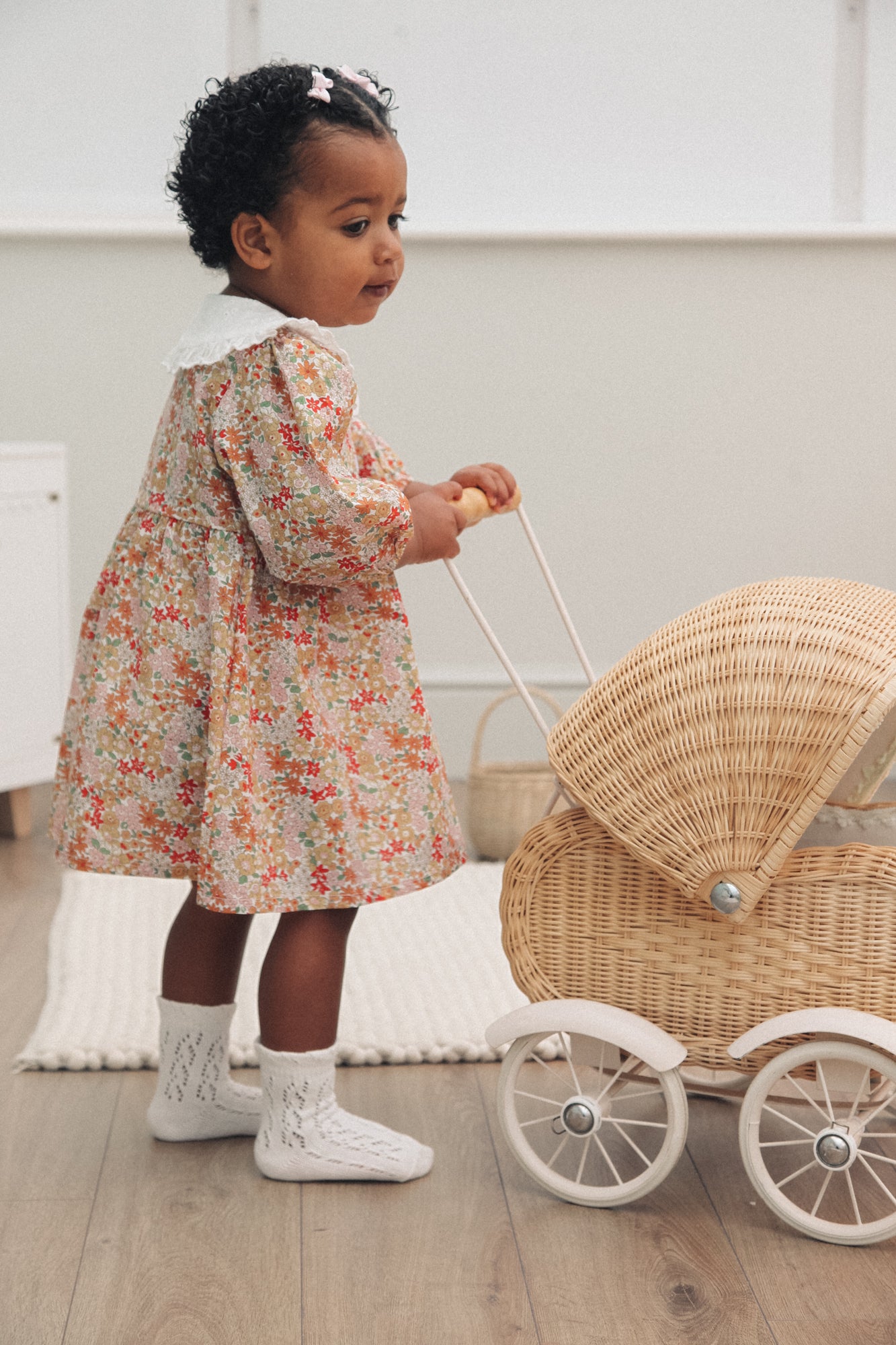 Autumn Floral & White Broderie Oversized Collar Dress