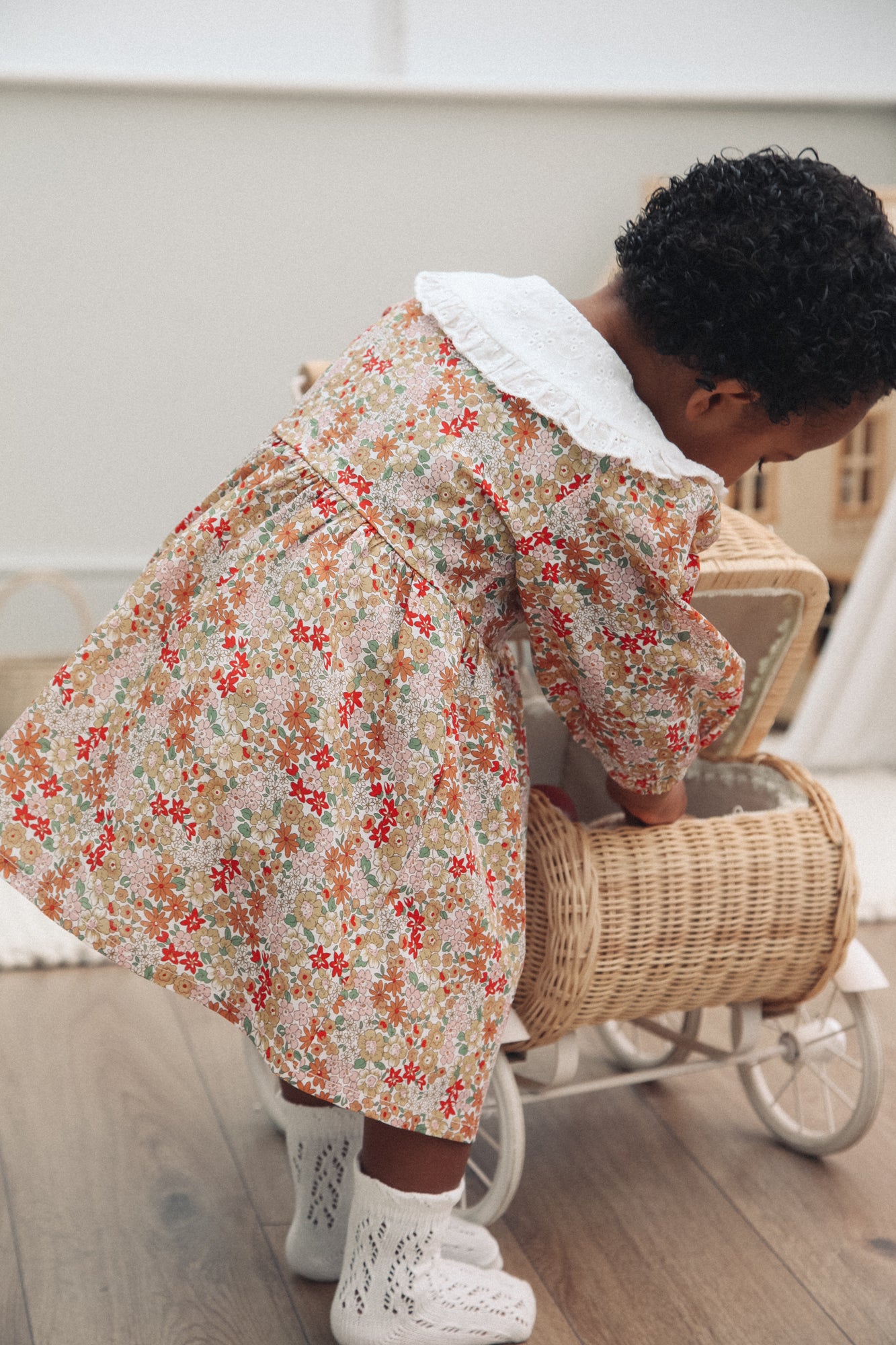 Autumn Floral & White Broderie Oversized Collar Dress