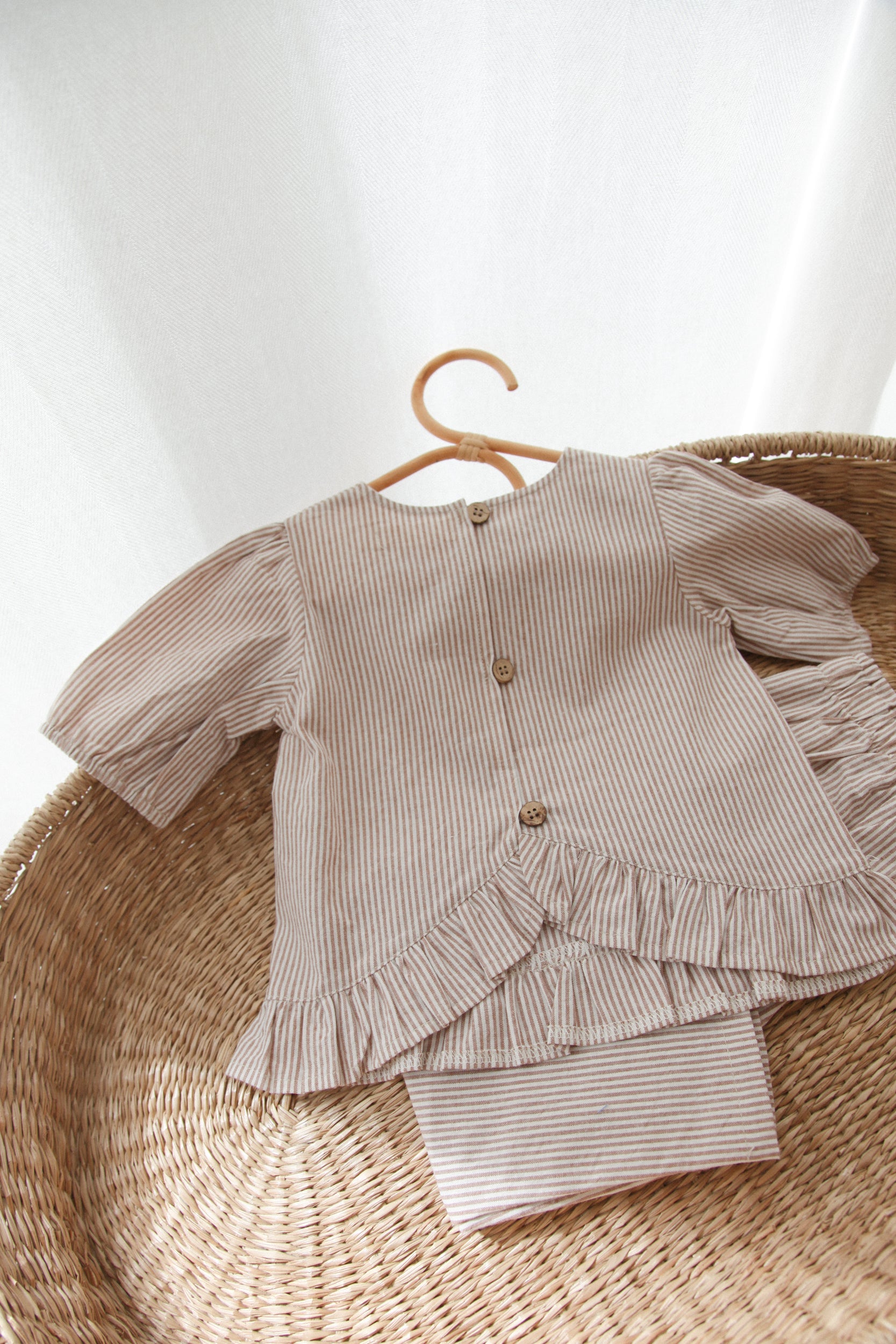 Brown/Stripe Cotton Frill Button Back Top